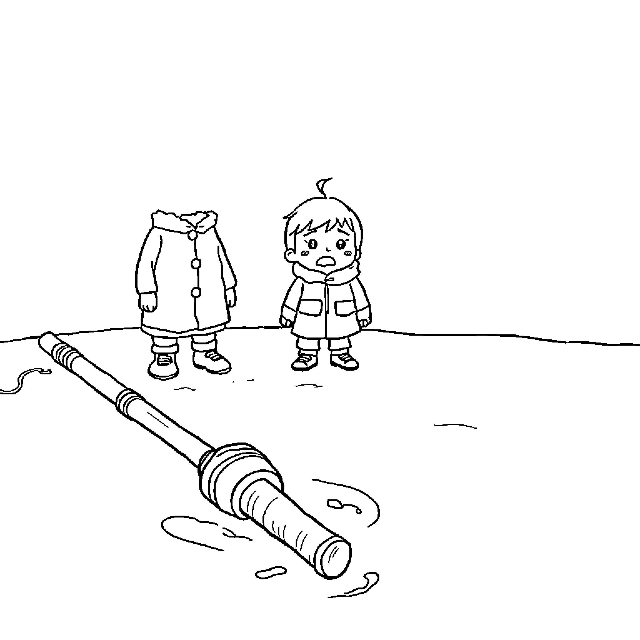Fishing Rod Dropped by Child in the Snow Coloring Page (free black-and-white line drawing printable PDF for all, from beginners to advanced learners, including children, teens, adults, and seniors)