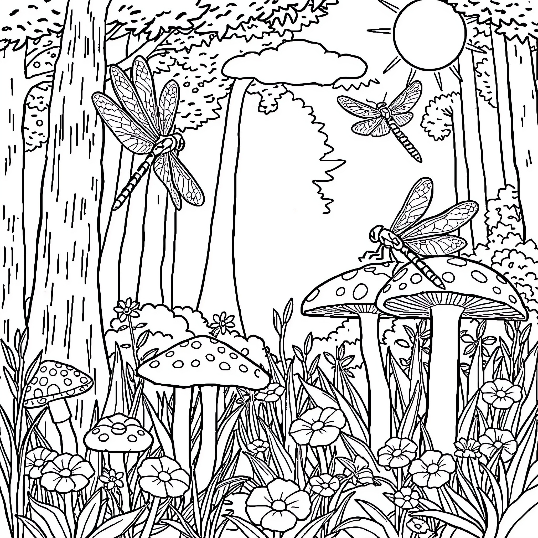 Dragonflies Soaring Through a Whimsical Forest Coloring Page (free black-and-white line drawing printable PDF for all, from beginners to advanced learners, including children, teens, adults, and seniors)