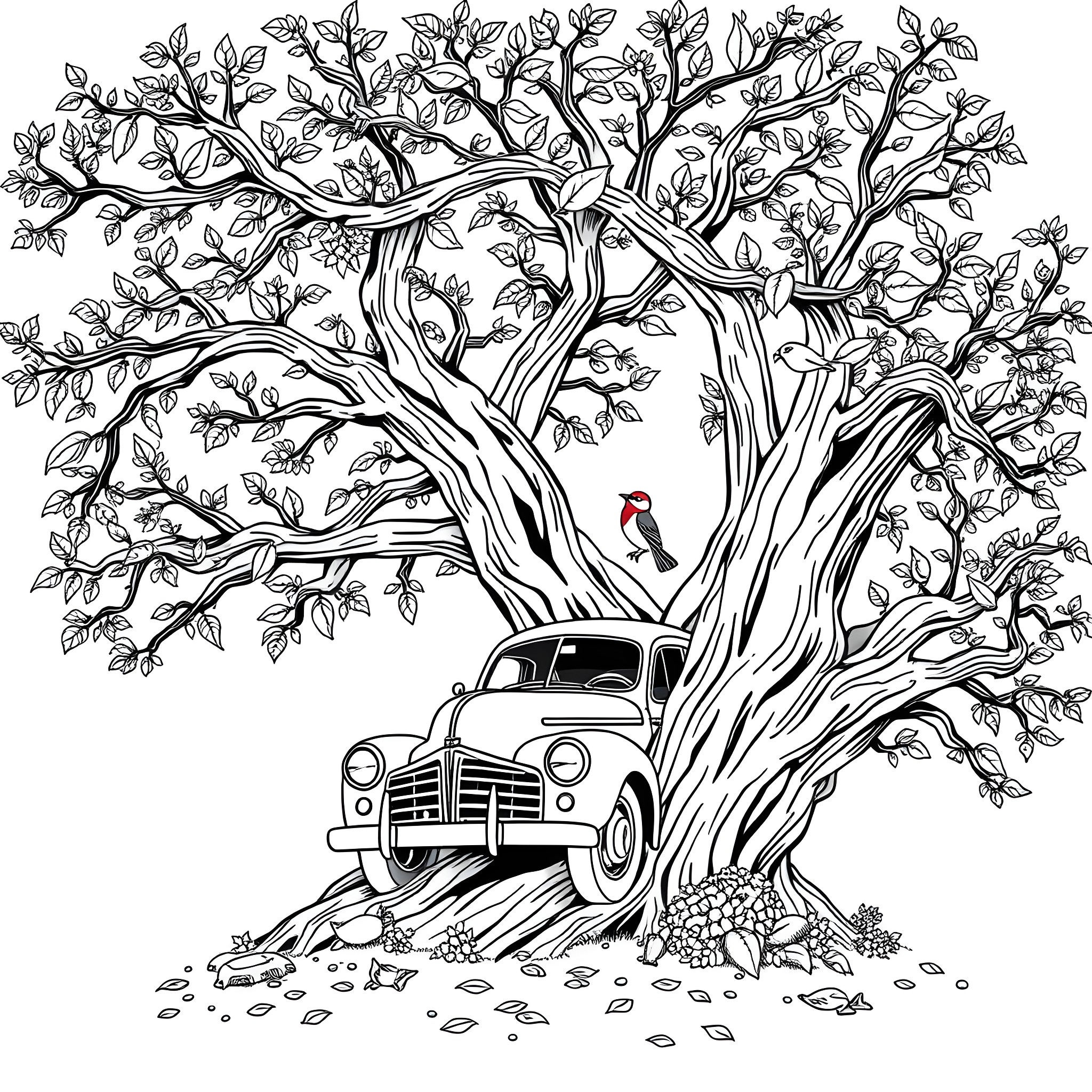 Car parked under large tree with birds Coloring Page (free black-and-white line drawing printable PDF for all, from beginners to advanced learners, including children, teens, adults, and seniors)
