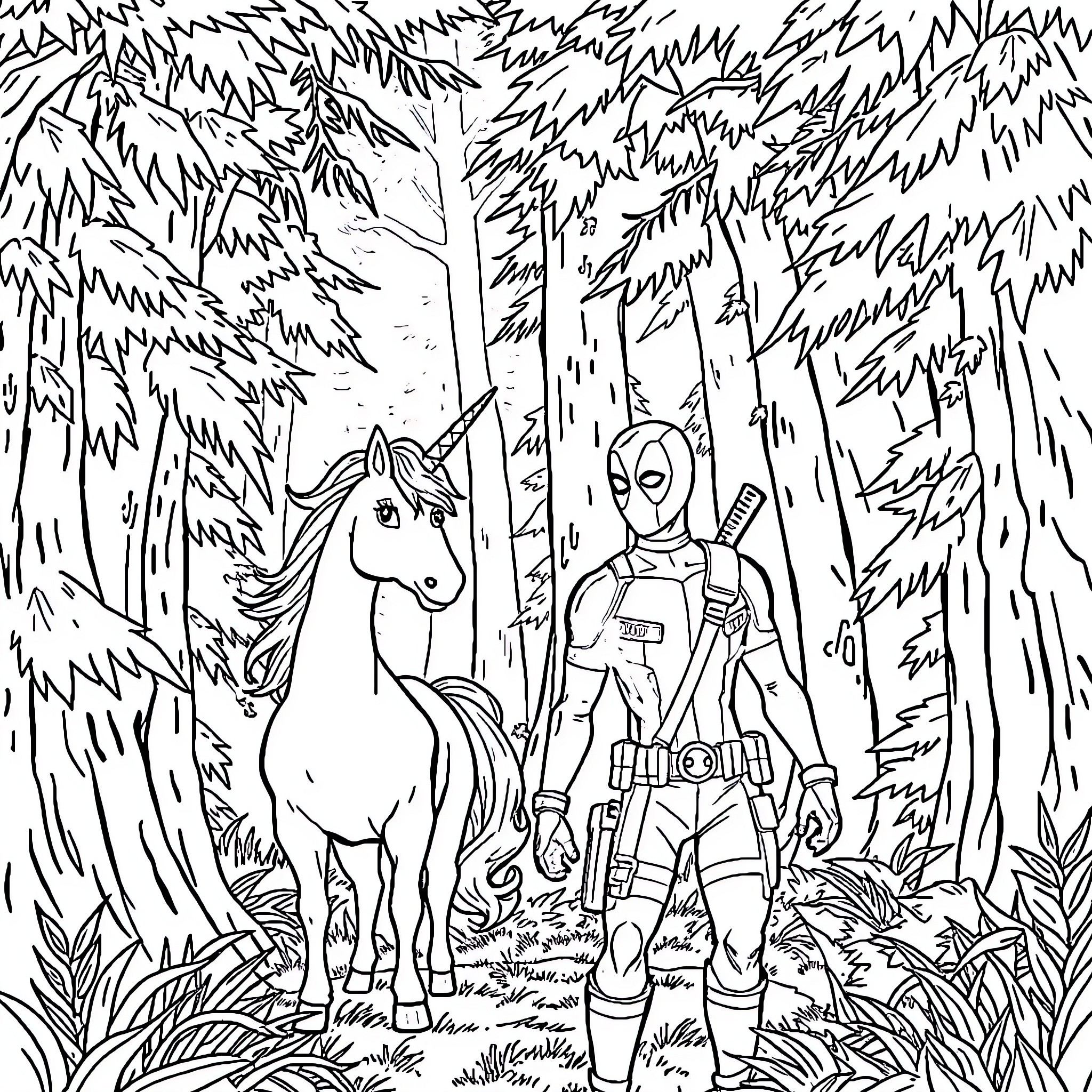 Deadpool's Magical Forest Adventure with a Unicorn Coloring Page (free black-and-white line drawing printable PDF for all, from beginners to advanced learners, including children, teens, adults, and seniors)