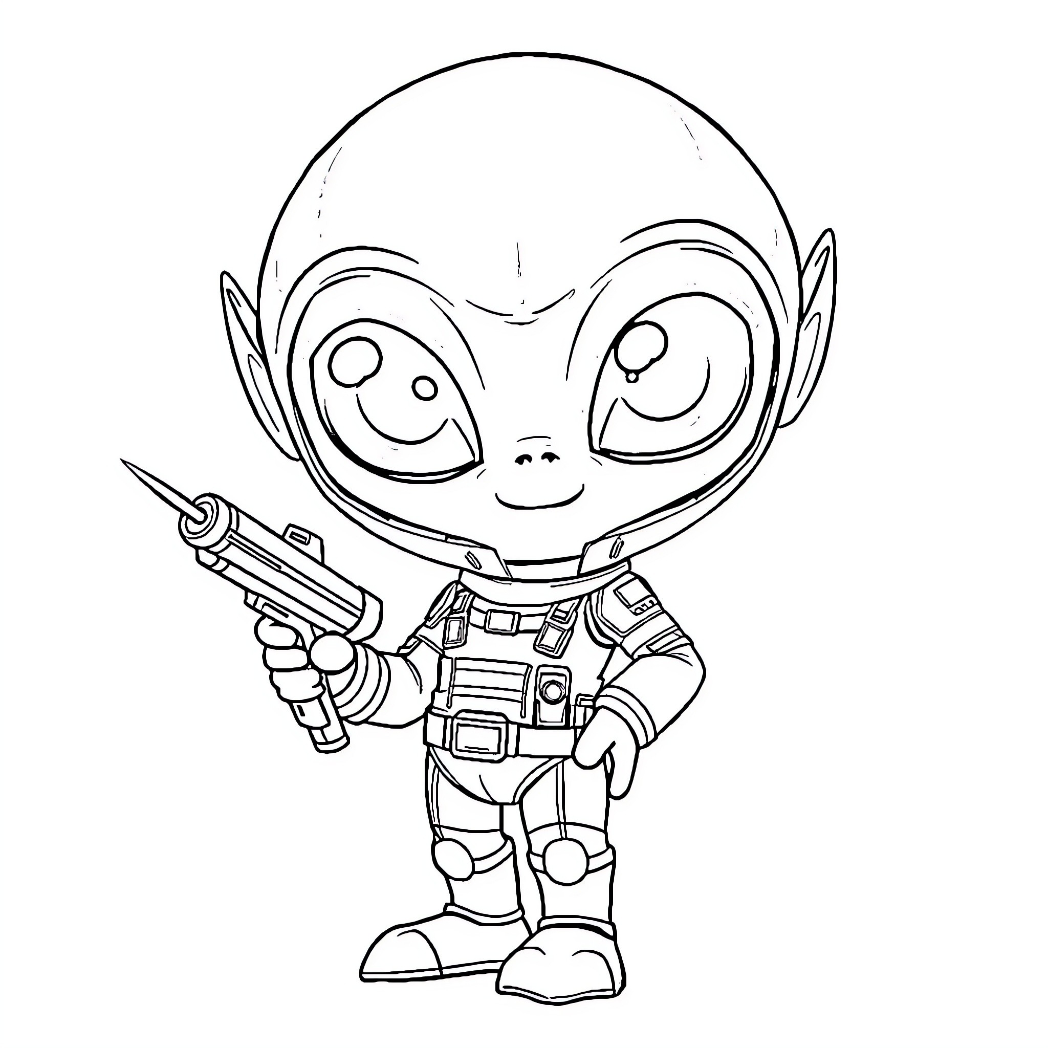 Alien spacefighter wielding futuristic weapon Coloring Page (free black-and-white line drawing printable PDF for all, from beginners to advanced learners, including children, teens, adults, and seniors)