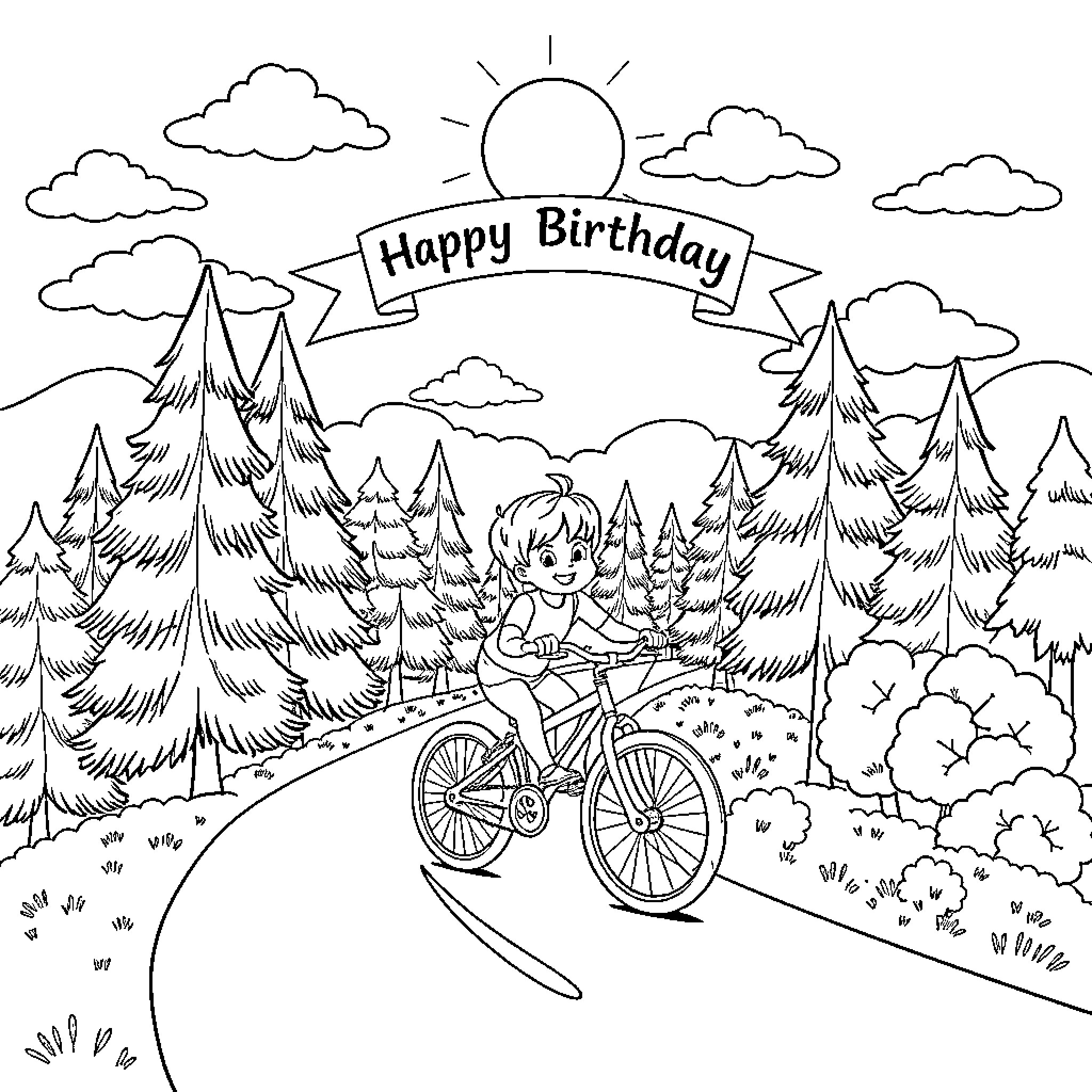 Kid riding bicycle on a nature trail Coloring Page (free black-and-white line drawing printable PDF for all, from beginners to advanced learners, including children, teens, adults, and seniors)