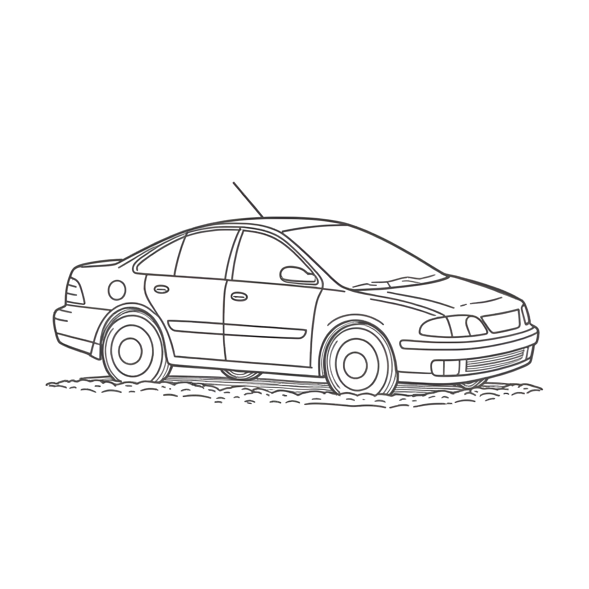 Car speeding along the road Coloring Page (free black-and-white line drawing printable PDF for all, from beginners to advanced learners, including children, teens, adults, and seniors)