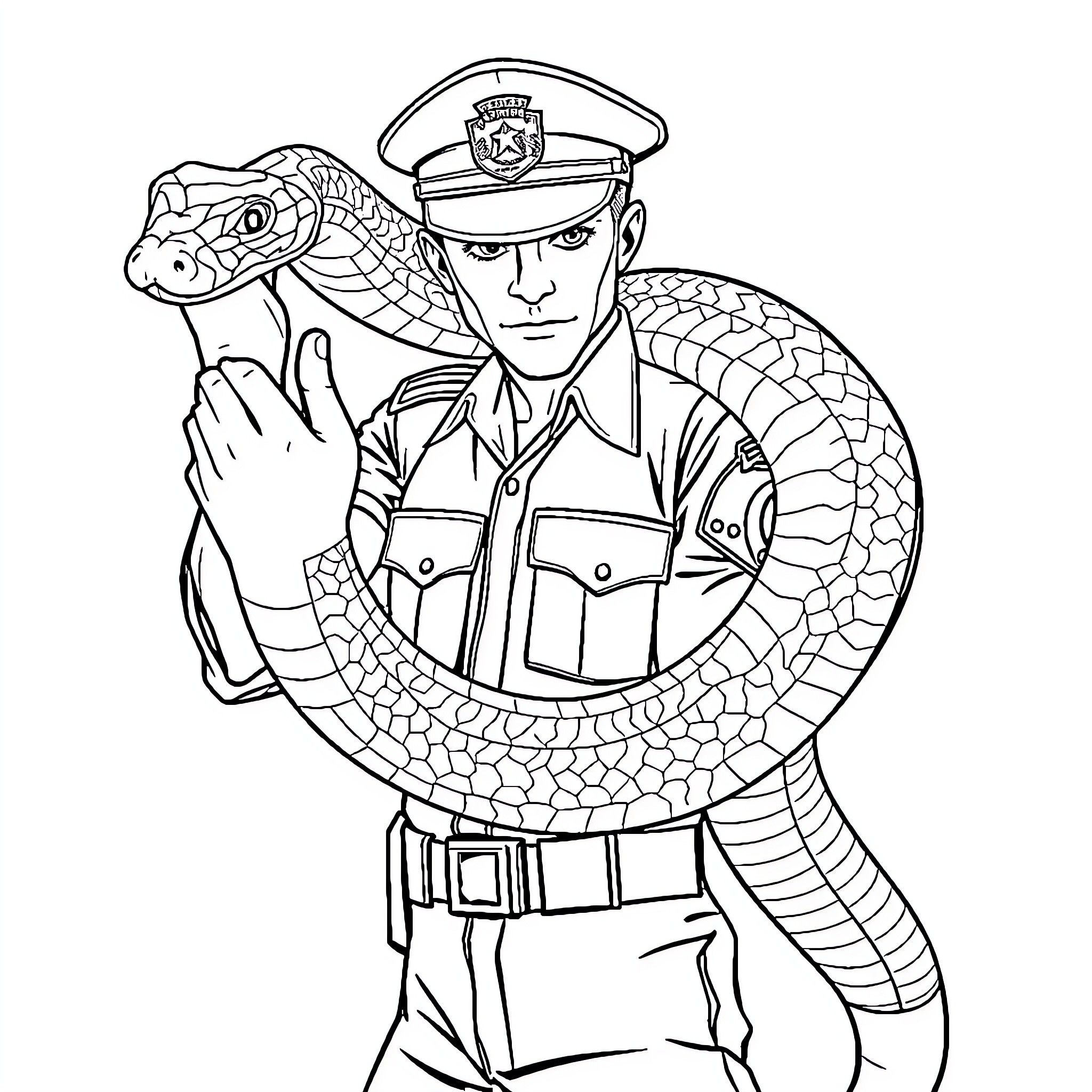 Ranger confronting a dangerous snake Coloring Page (free black-and-white line drawing printable PDF for all, from beginners to advanced learners, including children, teens, adults, and seniors)