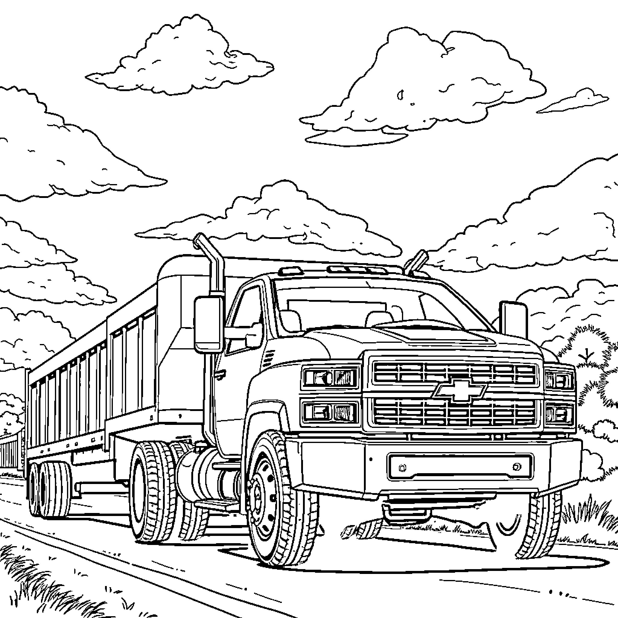 Chevrolet Dump Truck Hauling Goods on Rural Road Coloring Page (free black-and-white line drawing printable PDF for all, from beginners to advanced learners, including children, teens, adults, and seniors)