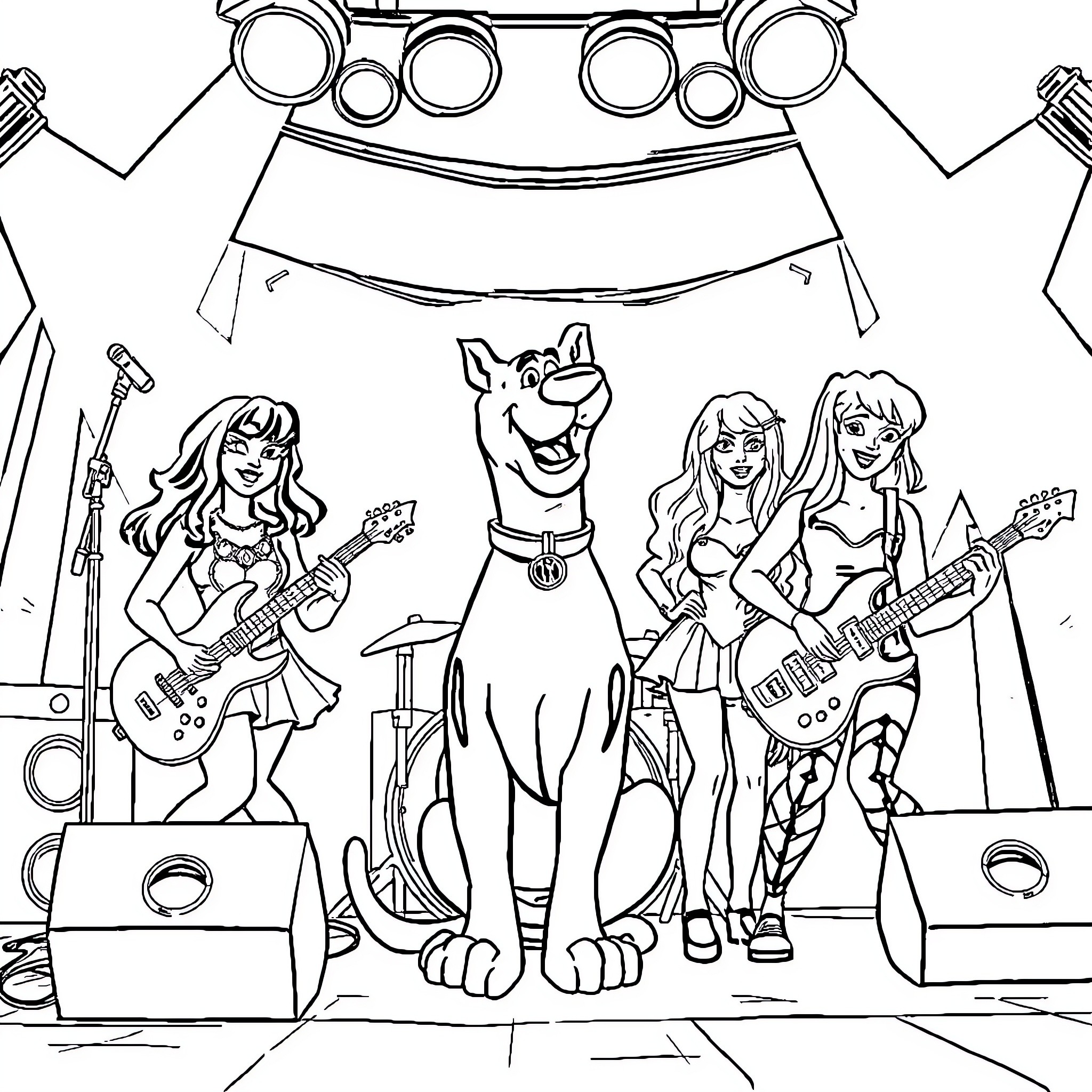 Scooby Doo and the Band's Rockin' Performance Coloring Page (free black-and-white line drawing printable PDF for all, from beginners to advanced learners, including children, teens, adults, and seniors)