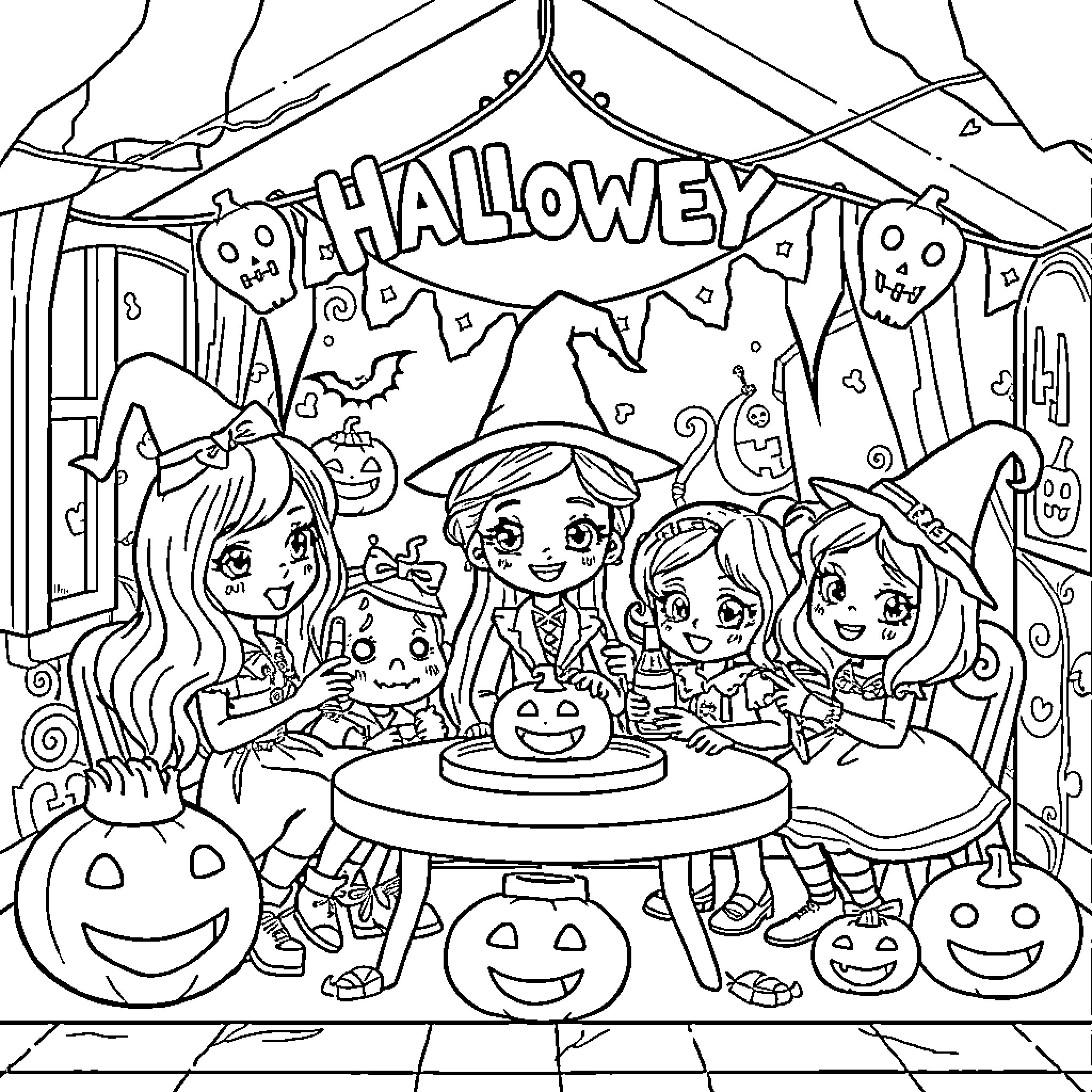 Gabby Dollhouse: Children enjoying Halloween festivities Coloring Page (free black-and-white line drawing printable PDF for all, from beginners to advanced learners, including children, teens, adults, and seniors)