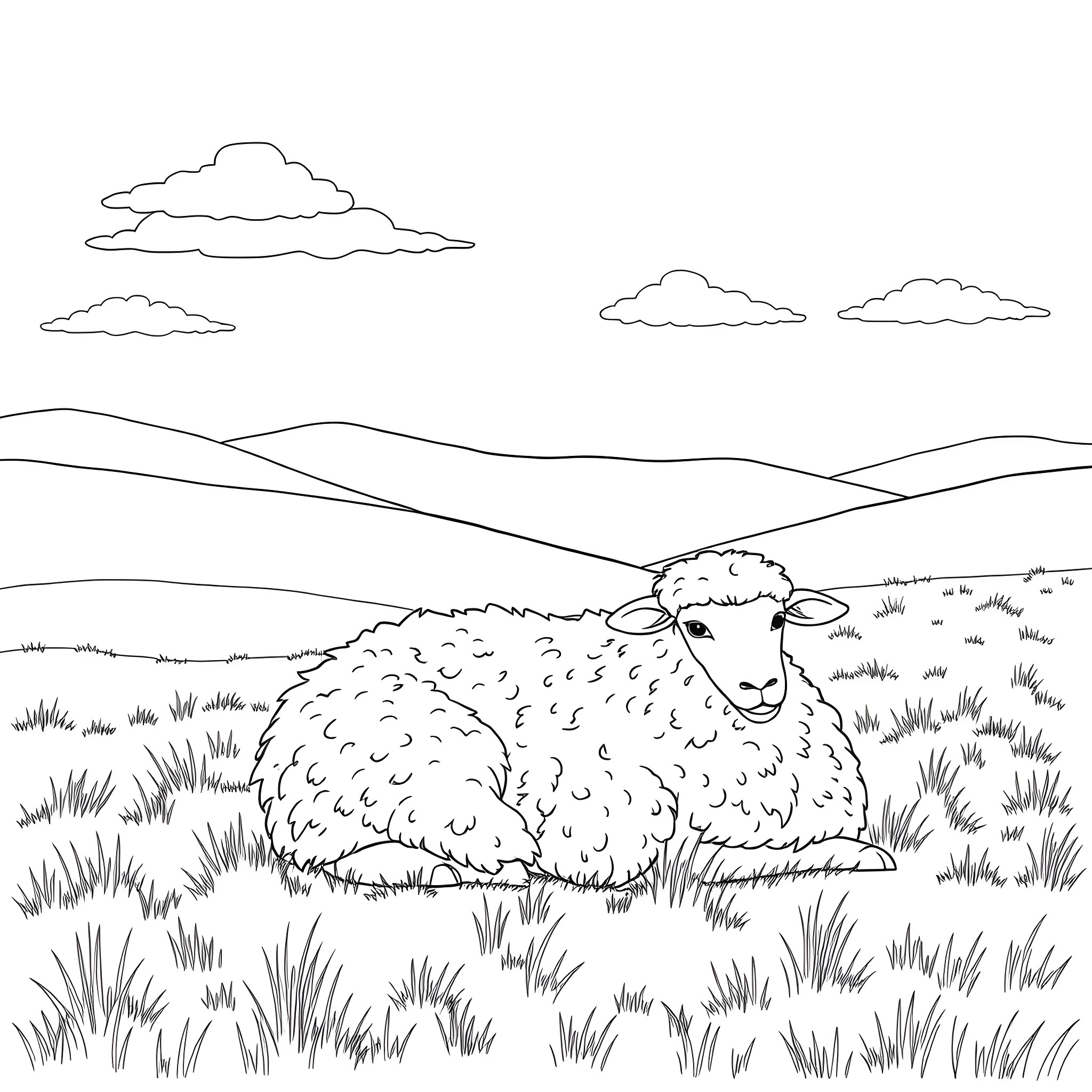 Sheep resting peacefully in the countryside Coloring Page (free black-and-white line drawing printable PDF for all, from beginners to advanced learners, including children, teens, adults, and seniors)