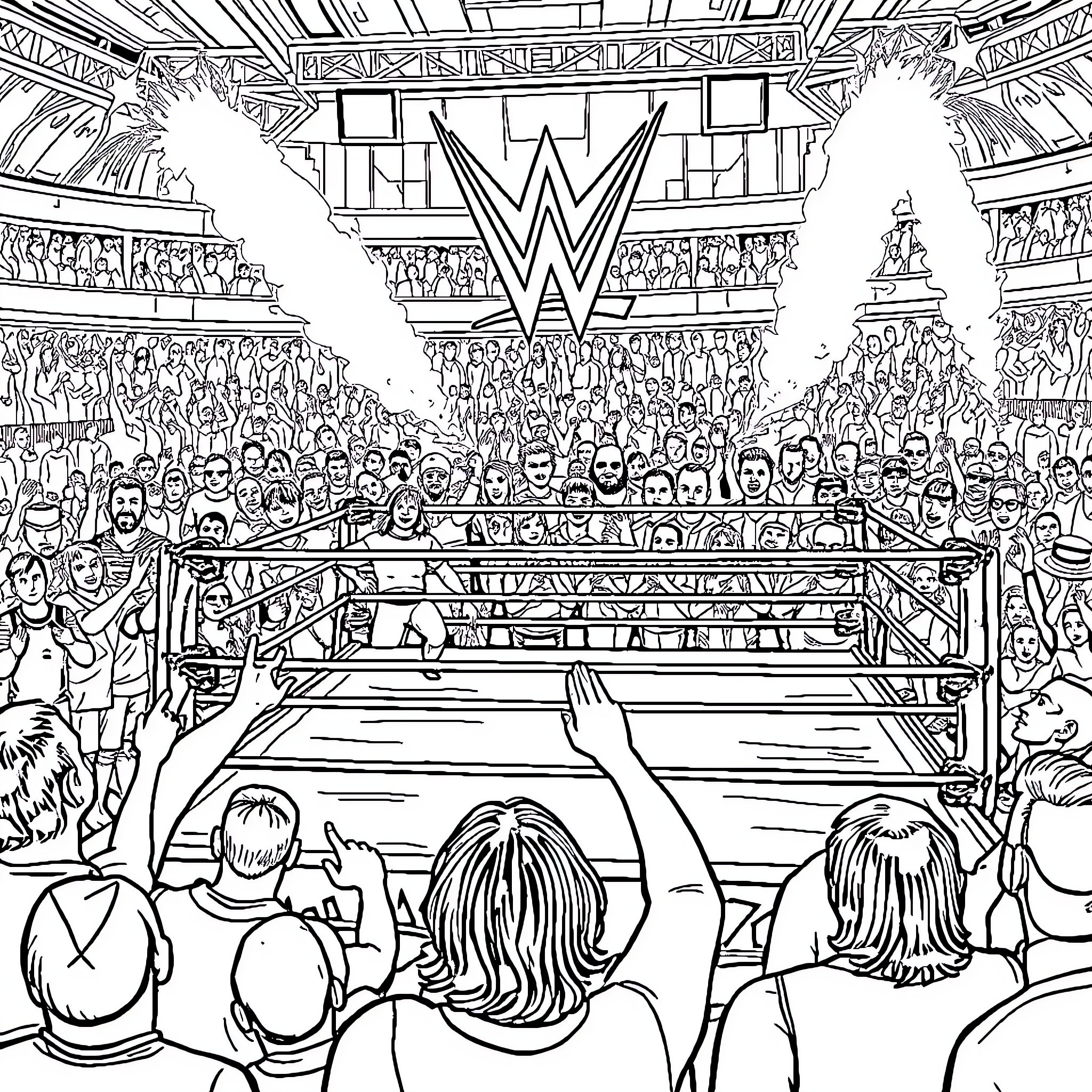 WWE Spectacular Wrestling Event in Stadium Coloring Page (free black-and-white line drawing printable PDF for all, from beginners to advanced learners, including children, teens, adults, and seniors)