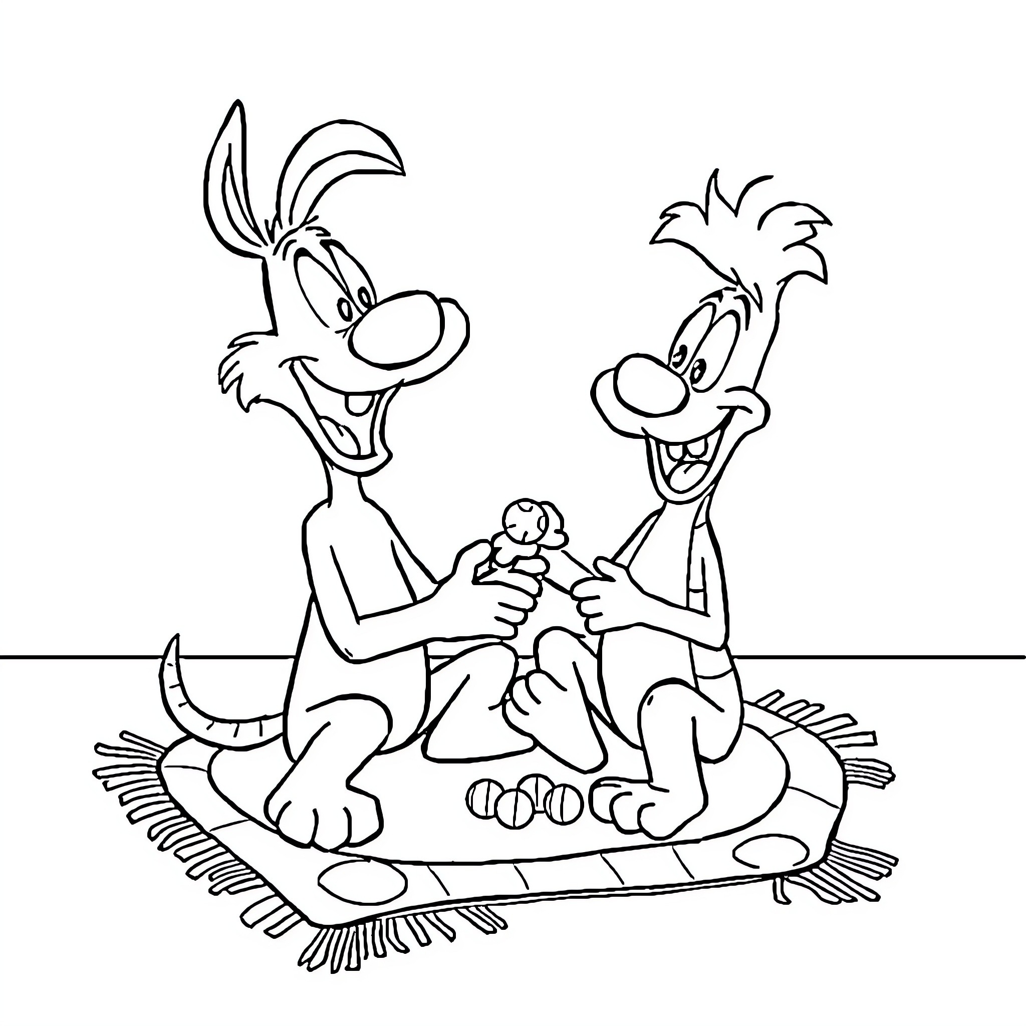 Ren and Stimpy Relaxing on a Plush Rug Coloring Page (free black-and-white line drawing printable PDF for all, from beginners to advanced learners, including children, teens, adults, and seniors)