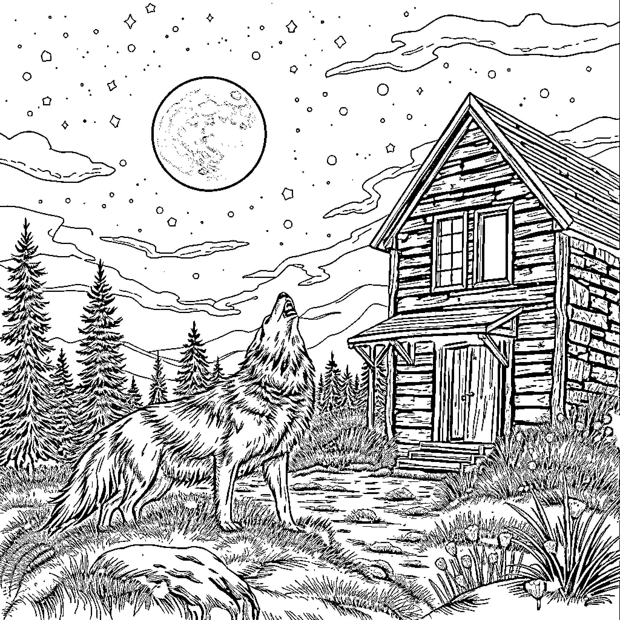 Wolf howling under the moonlit sky near a cabin Coloring Page (free black-and-white line drawing printable PDF for all, from beginners to advanced learners, including children, teens, adults, and seniors)