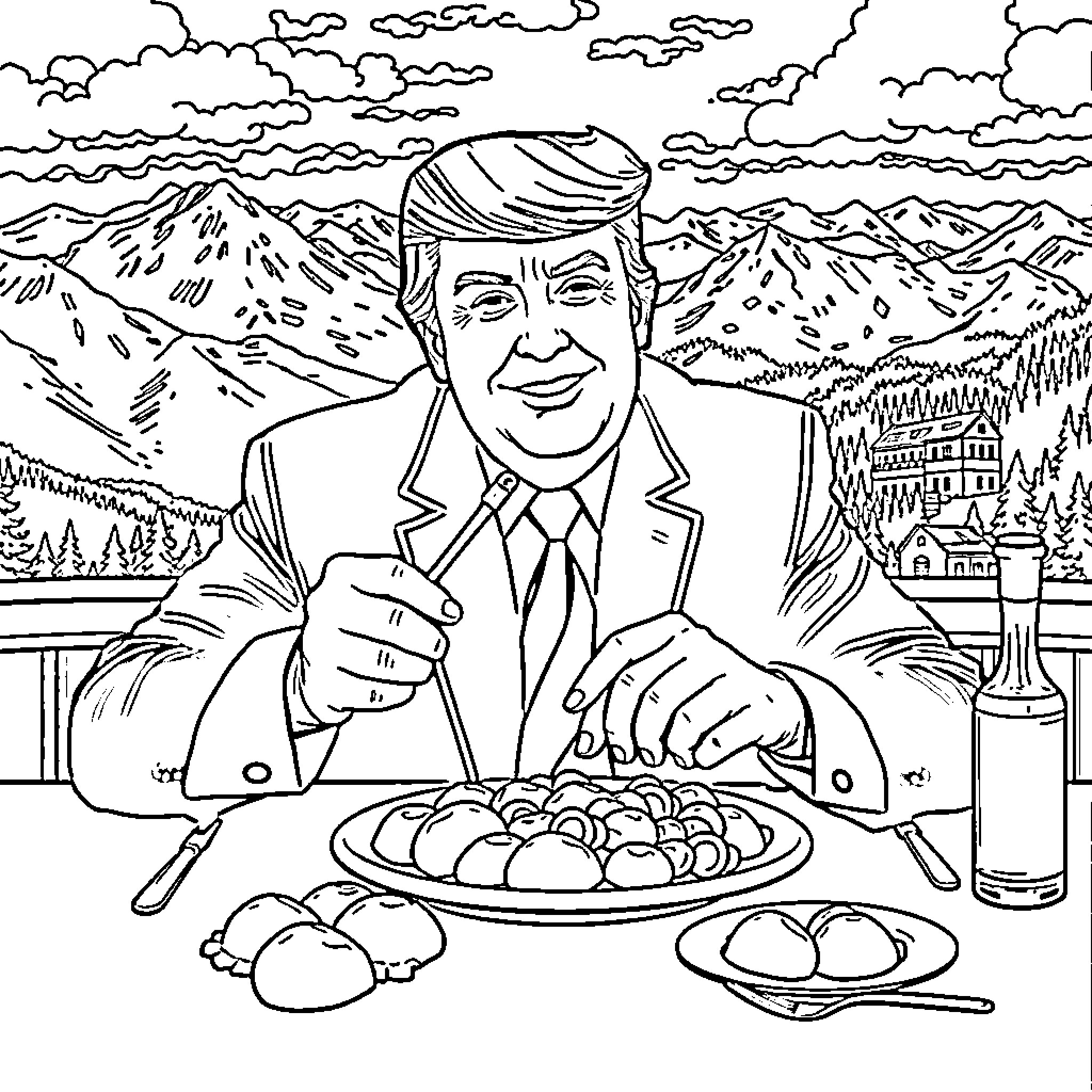Donald Trump enjoying a hearty meal in the mountains Coloring Page (free black-and-white line drawing printable PDF for all, from beginners to advanced learners, including children, teens, adults, and seniors)