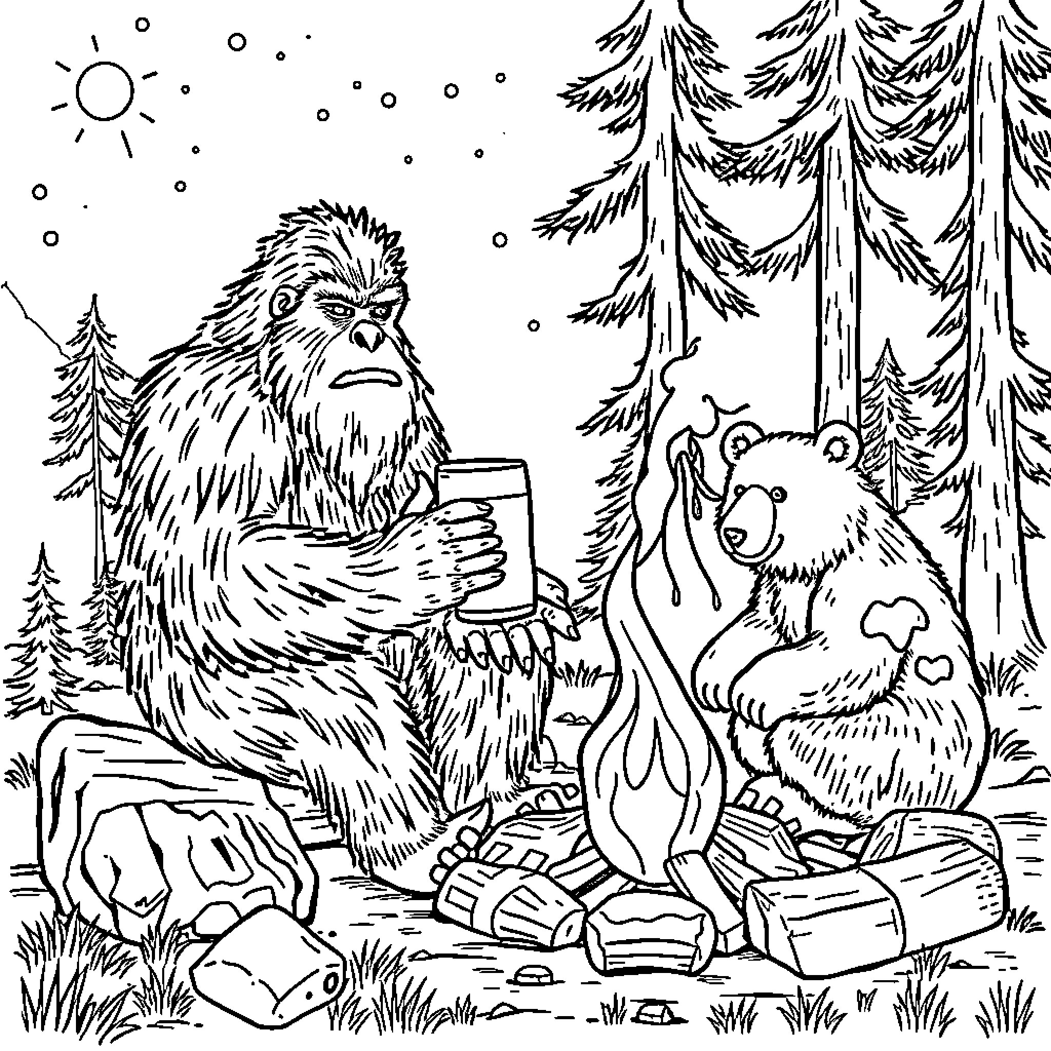 Bigfoot sharing a meal with a bear in the winter forest Coloring Page (free black-and-white line drawing printable PDF for all, from beginners to advanced learners, including children, teens, adults, and seniors)