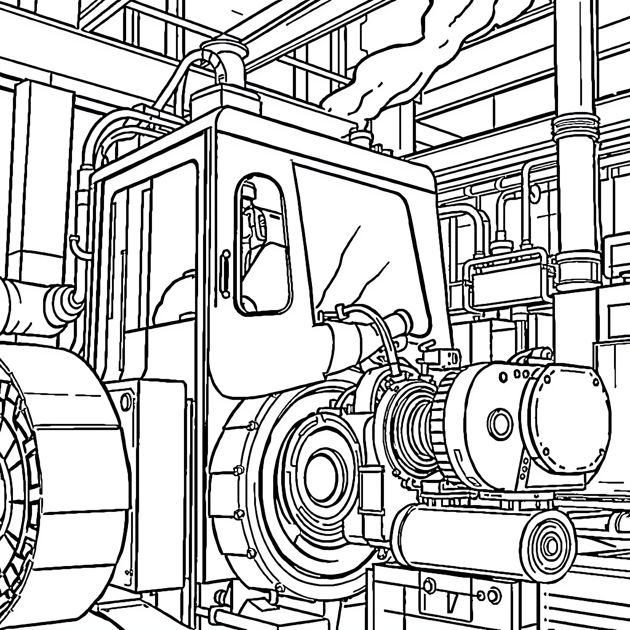 Machine working in industrial factory Coloring Page (free black-and-white line drawing printable PDF for all, from beginners to advanced learners, including children, teens, adults, and seniors)