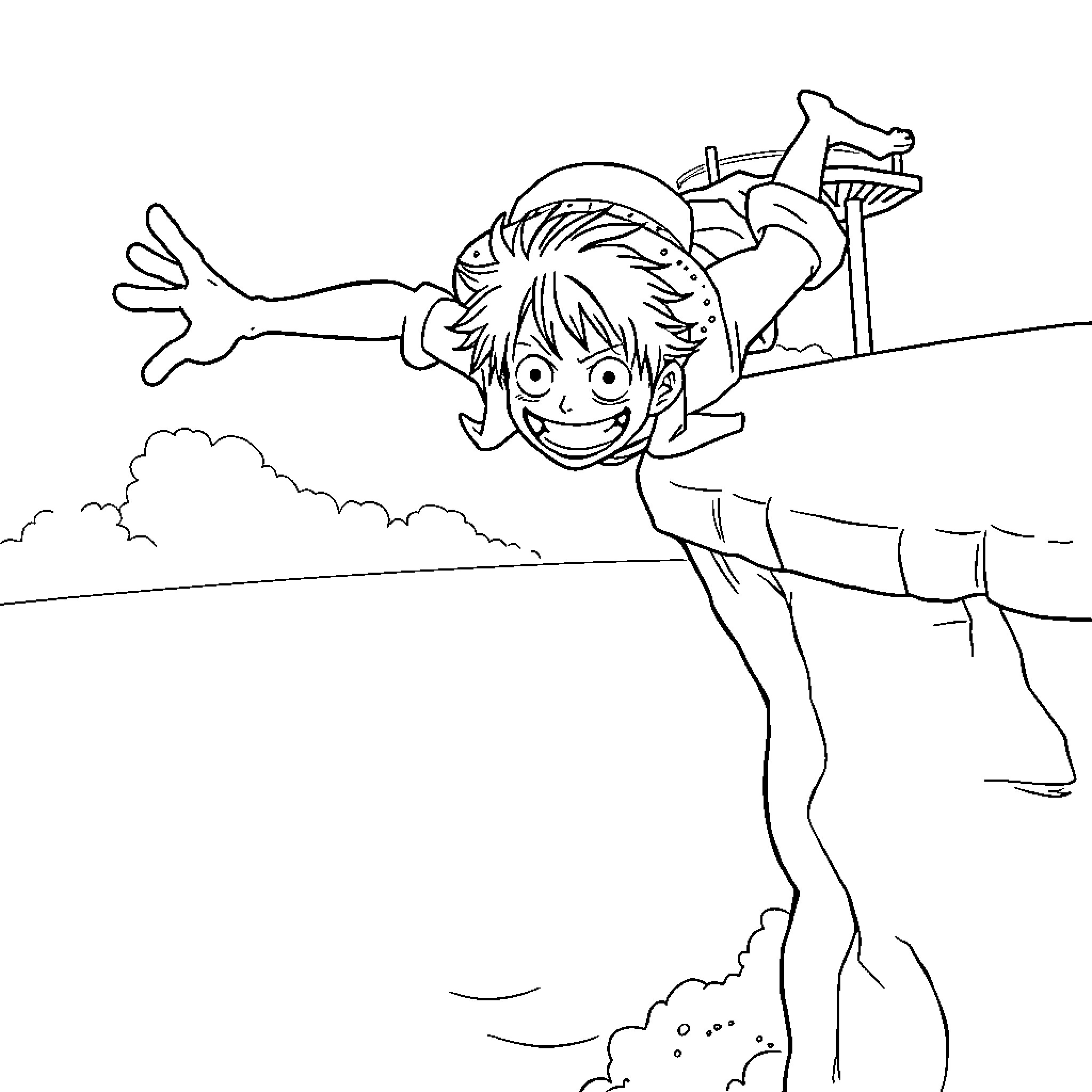 Luffy Soaring Joyfully Over Cliffs Coloring Page (free black-and-white line drawing printable PDF for all, from beginners to advanced learners, including children, teens, adults, and seniors)