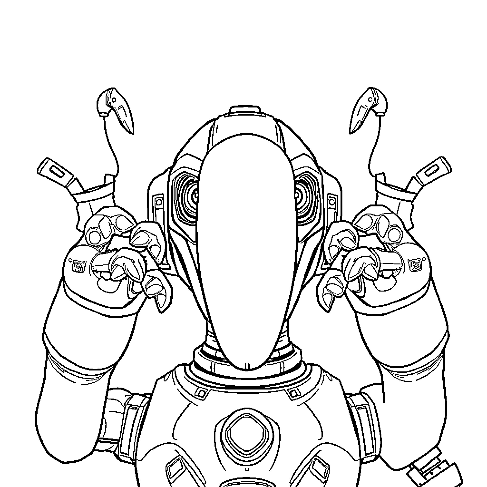 Robot with Mechanical Claws in Expressive Pose Coloring Page (free black-and-white line drawing printable PDF for all, from beginners to advanced learners, including children, teens, adults, and seniors)
