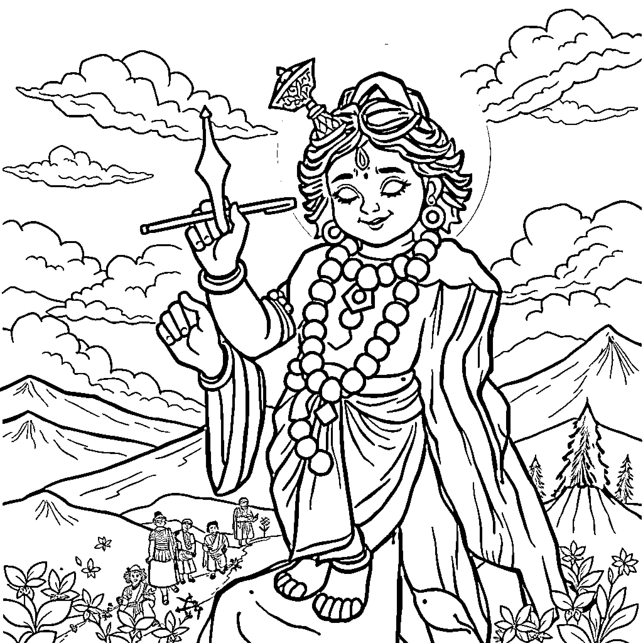 Krishna peacefully dancing with nature Coloring Page (free black-and-white line drawing printable PDF for all, from beginners to advanced learners, including children, teens, adults, and seniors)