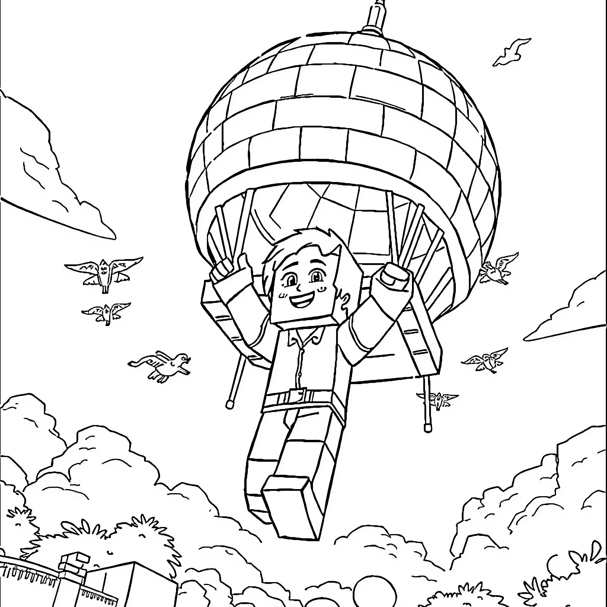 Alex soaring in a hot air balloon above the clouds Coloring Page (free black-and-white line drawing printable PDF for all, from beginners to advanced learners, including children, teens, adults, and seniors)