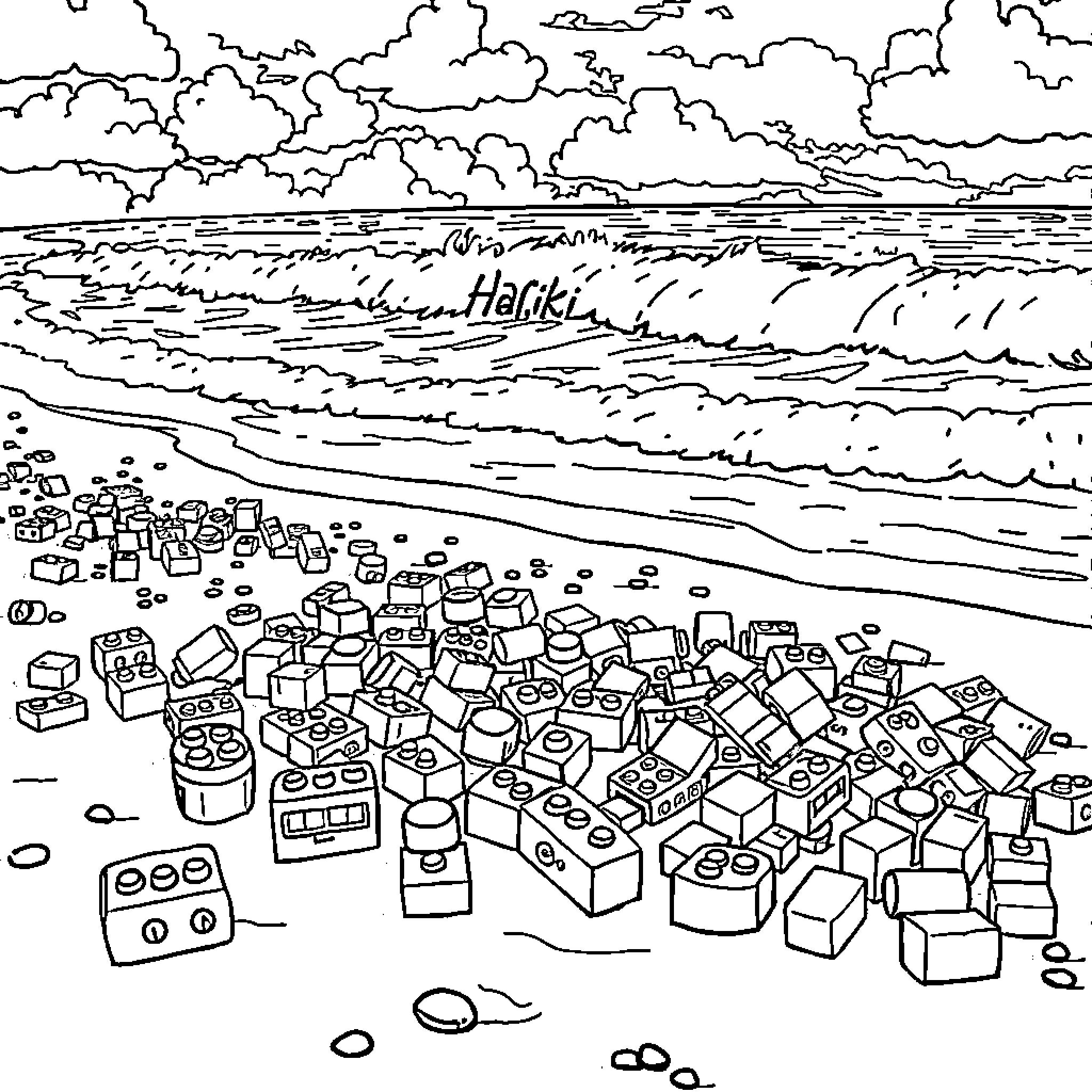 Lego bricks scattered on a beach with clouds in the sky Coloring Page (free black-and-white line drawing printable PDF for all, from beginners to advanced learners, including children, teens, adults, and seniors)
