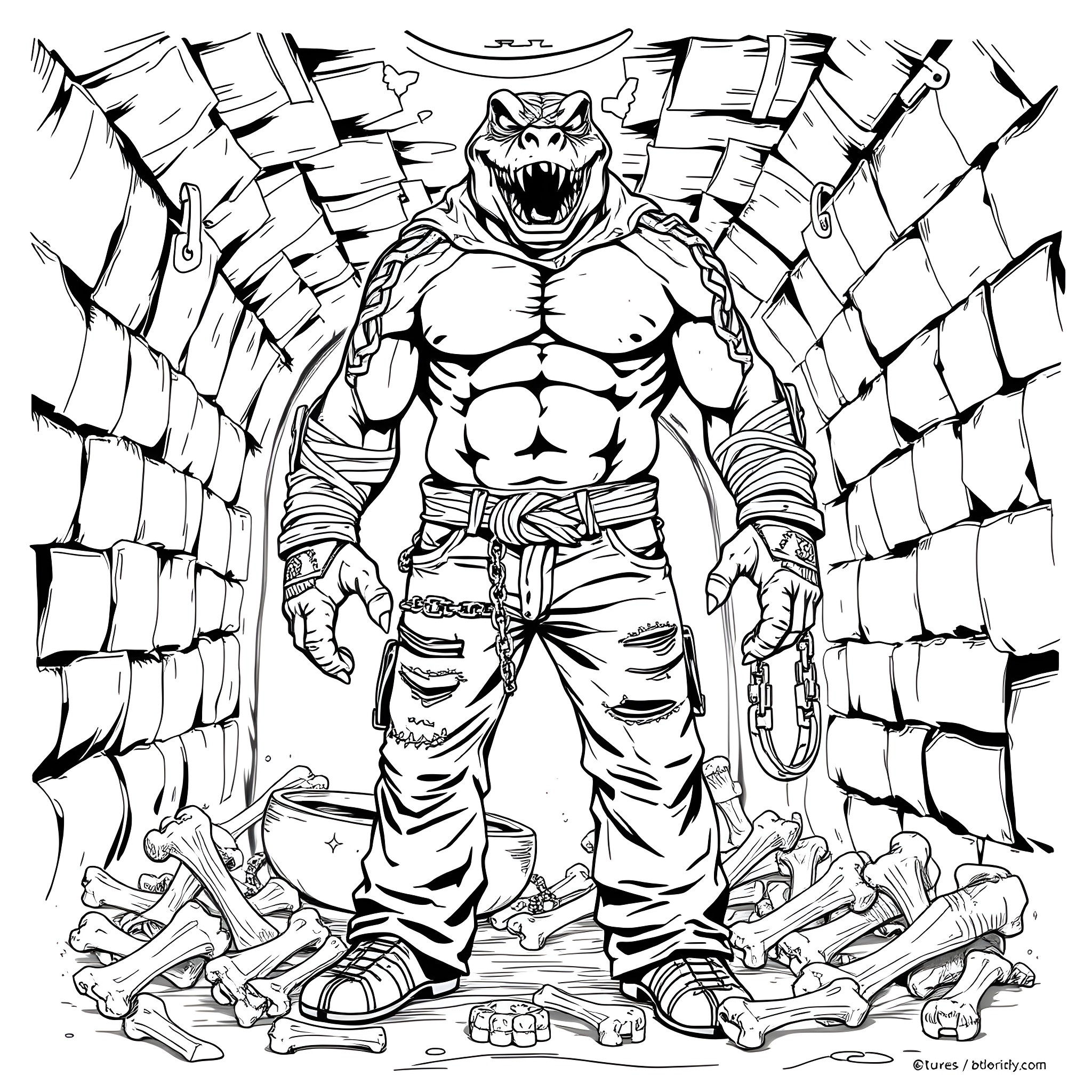 Killer Croc Emerging from the Ruins Coloring Page (free black-and-white line drawing printable PDF for all, from beginners to advanced learners, including children, teens, adults, and seniors)