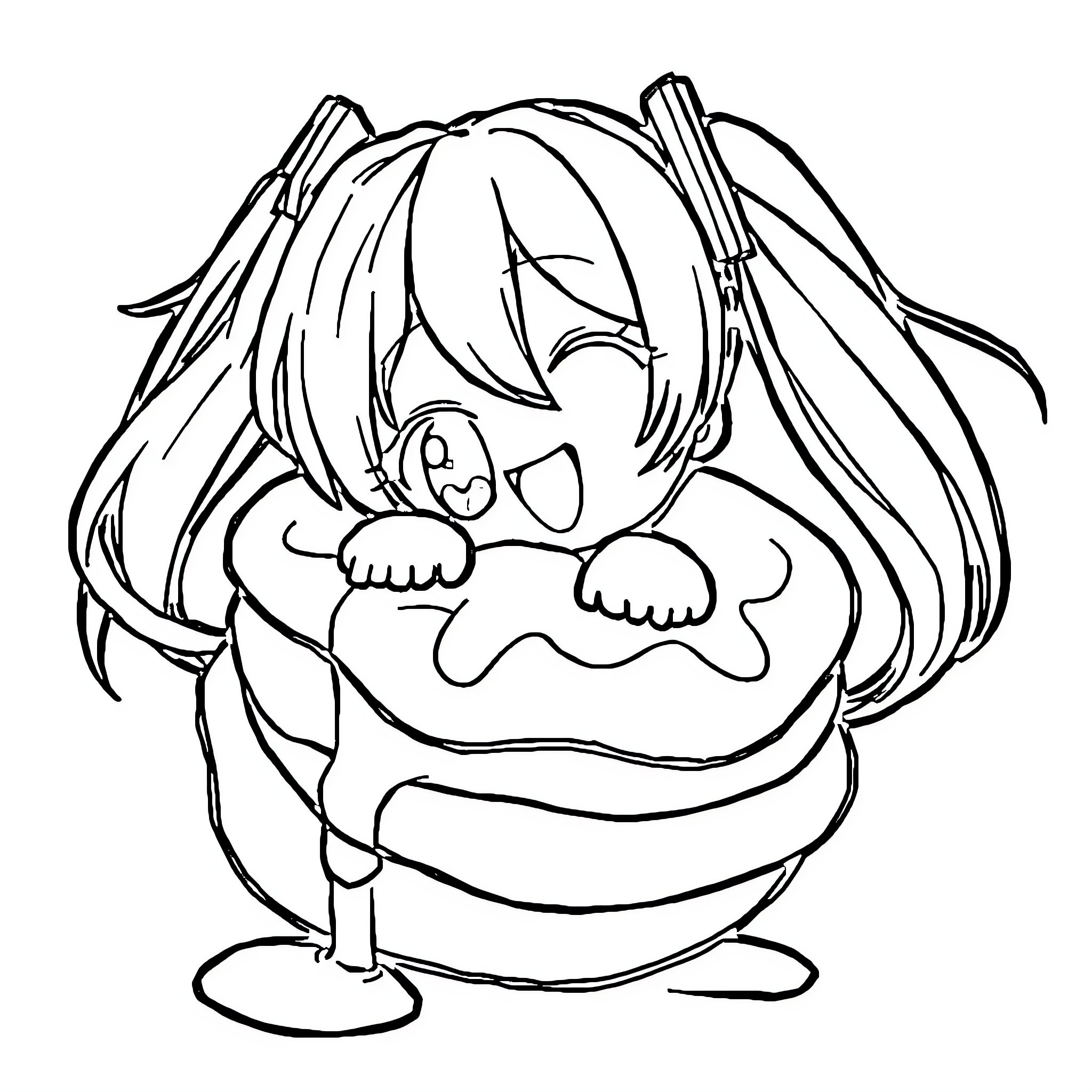 Hatsune Miku in a Whimsical Pose Coloring Page (free black-and-white line drawing printable PDF for all, from beginners to advanced learners, including children, teens, adults, and seniors)