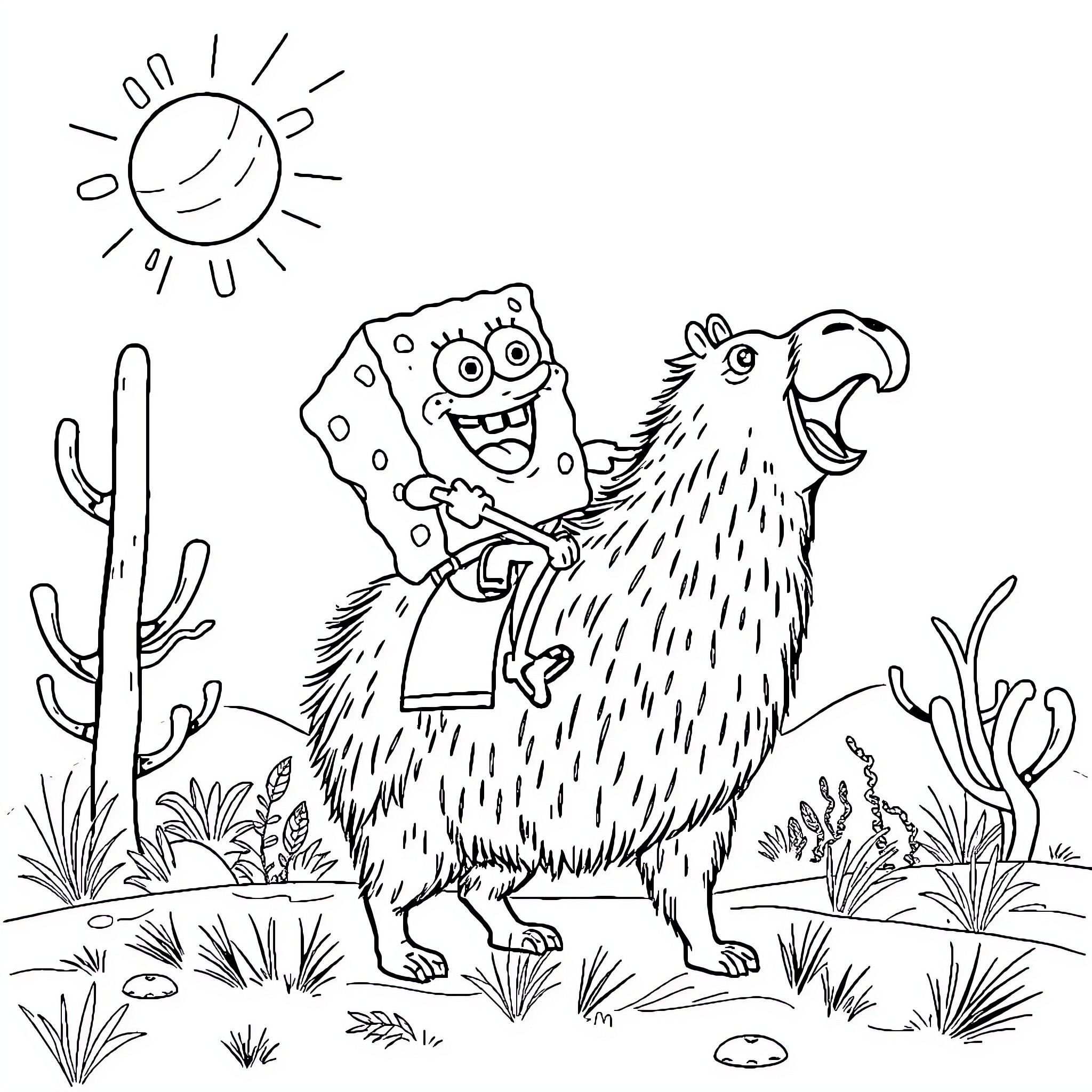Spongebob riding a giant hamster in the desert Coloring Page (free black-and-white line drawing printable PDF for all, from beginners to advanced learners, including children, teens, adults, and seniors)