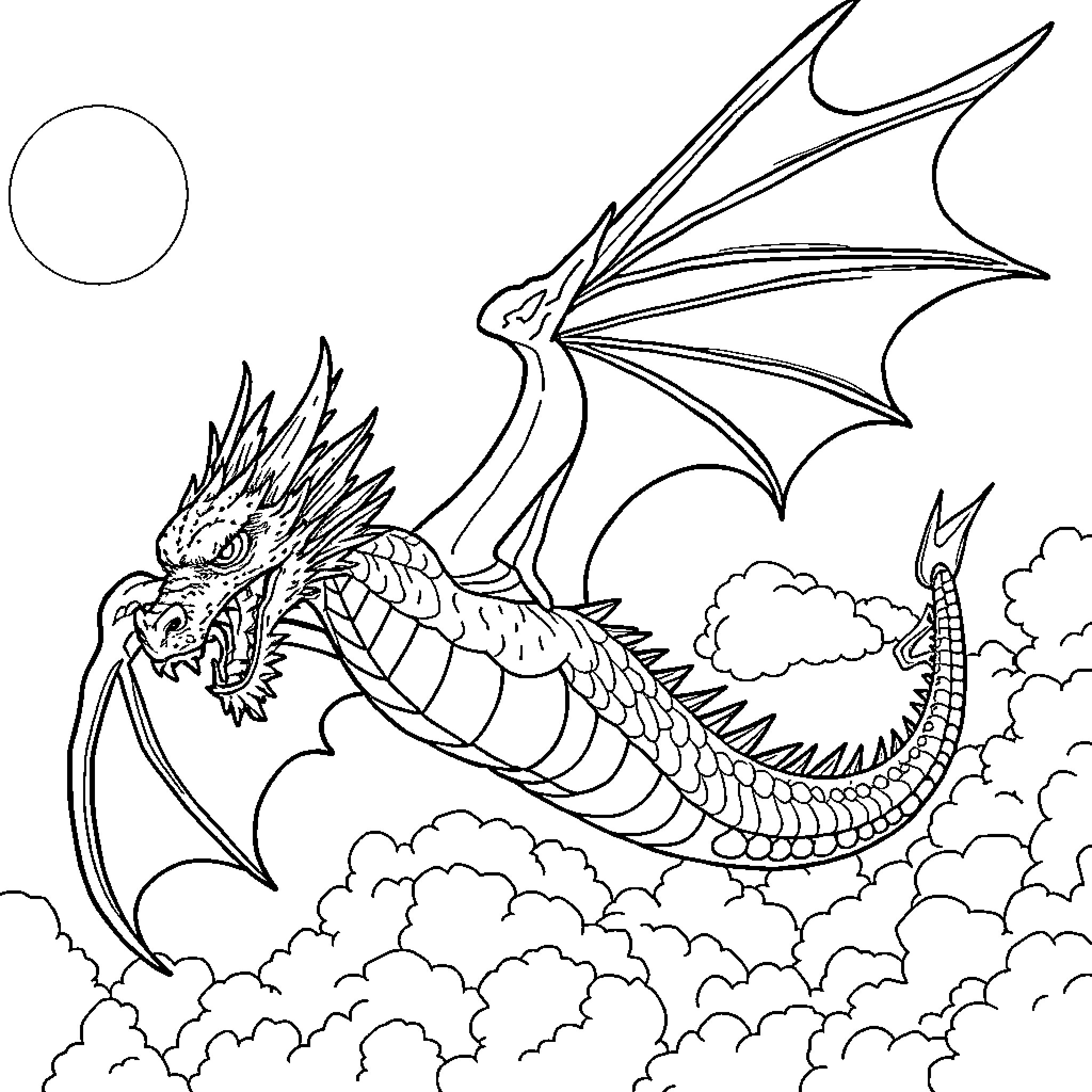 Dragon soaring through the cloudy skies Coloring Page (free black-and-white line drawing printable PDF for all, from beginners to advanced learners, including children, teens, adults, and seniors)