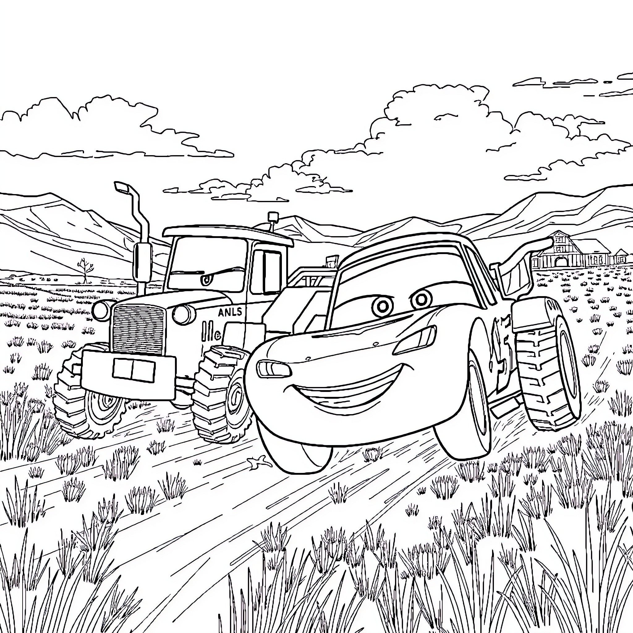 Lightning McQueen racing through the countryside Coloring Page (free black-and-white line drawing printable PDF for all, from beginners to advanced learners, including children, teens, adults, and seniors)