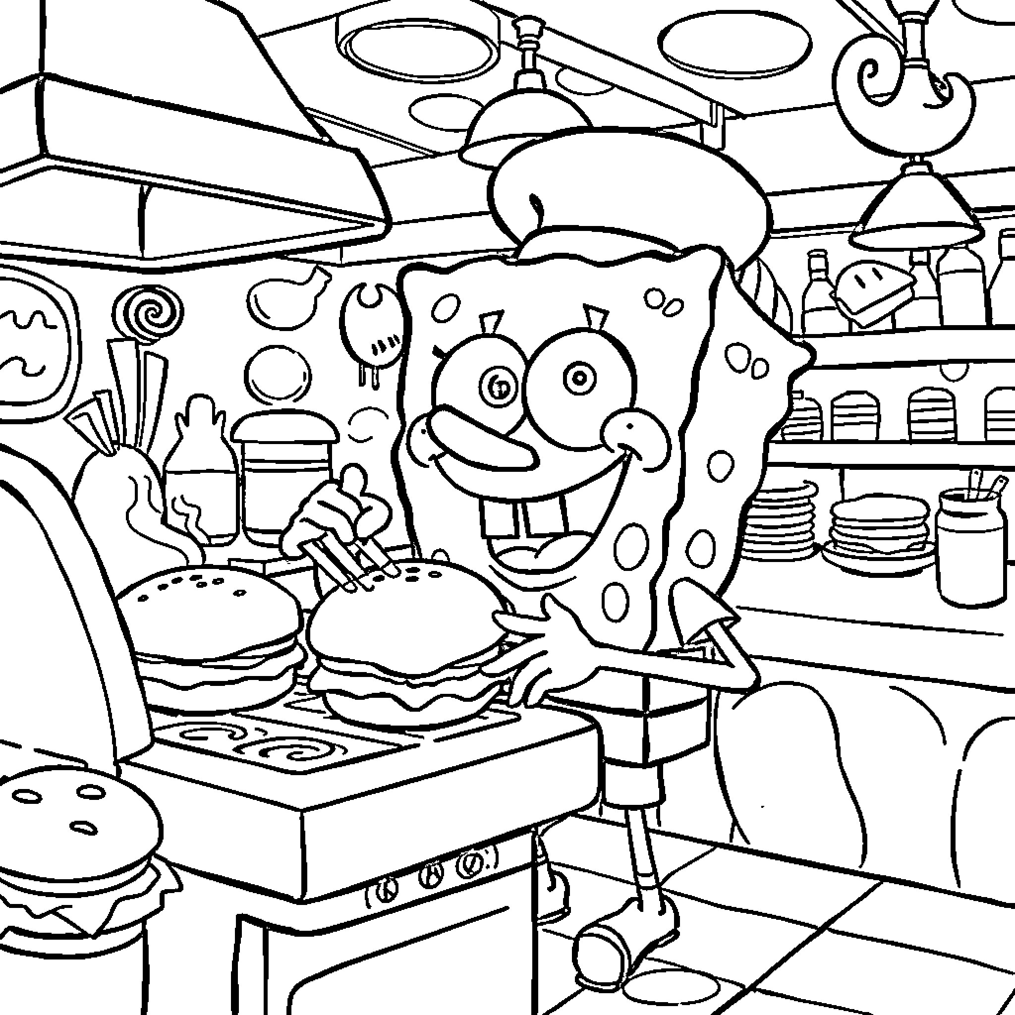 Spongebob Cooking Up Delightful Dishes in the Kitchen Coloring Page (free black-and-white line drawing printable PDF for all, from beginners to advanced learners, including children, teens, adults, and seniors)