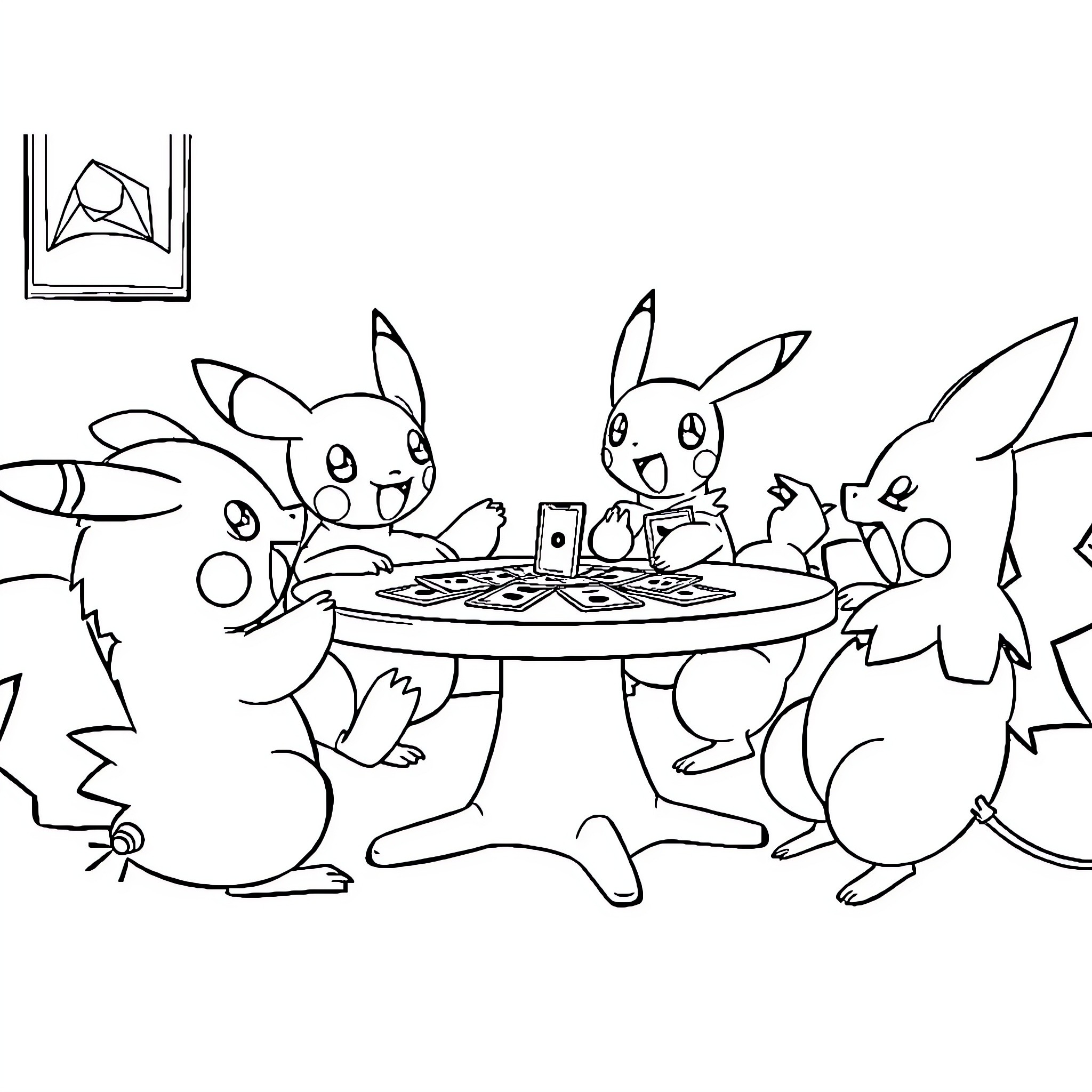 Pokémon characters playing board game together Coloring Page (free black-and-white line drawing printable PDF for all, from beginners to advanced learners, including children, teens, adults, and seniors)