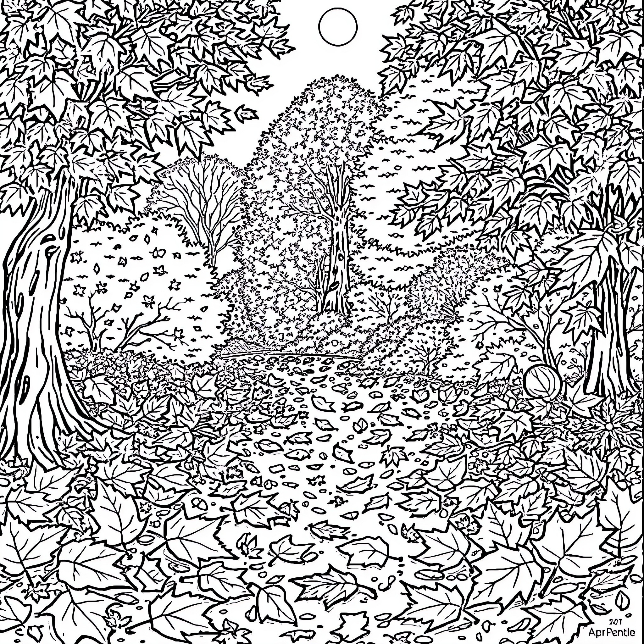 Autumn Woodland Pathway Adventure Coloring Page (free black-and-white line drawing printable PDF for all, from beginners to advanced learners, including children, teens, adults, and seniors)