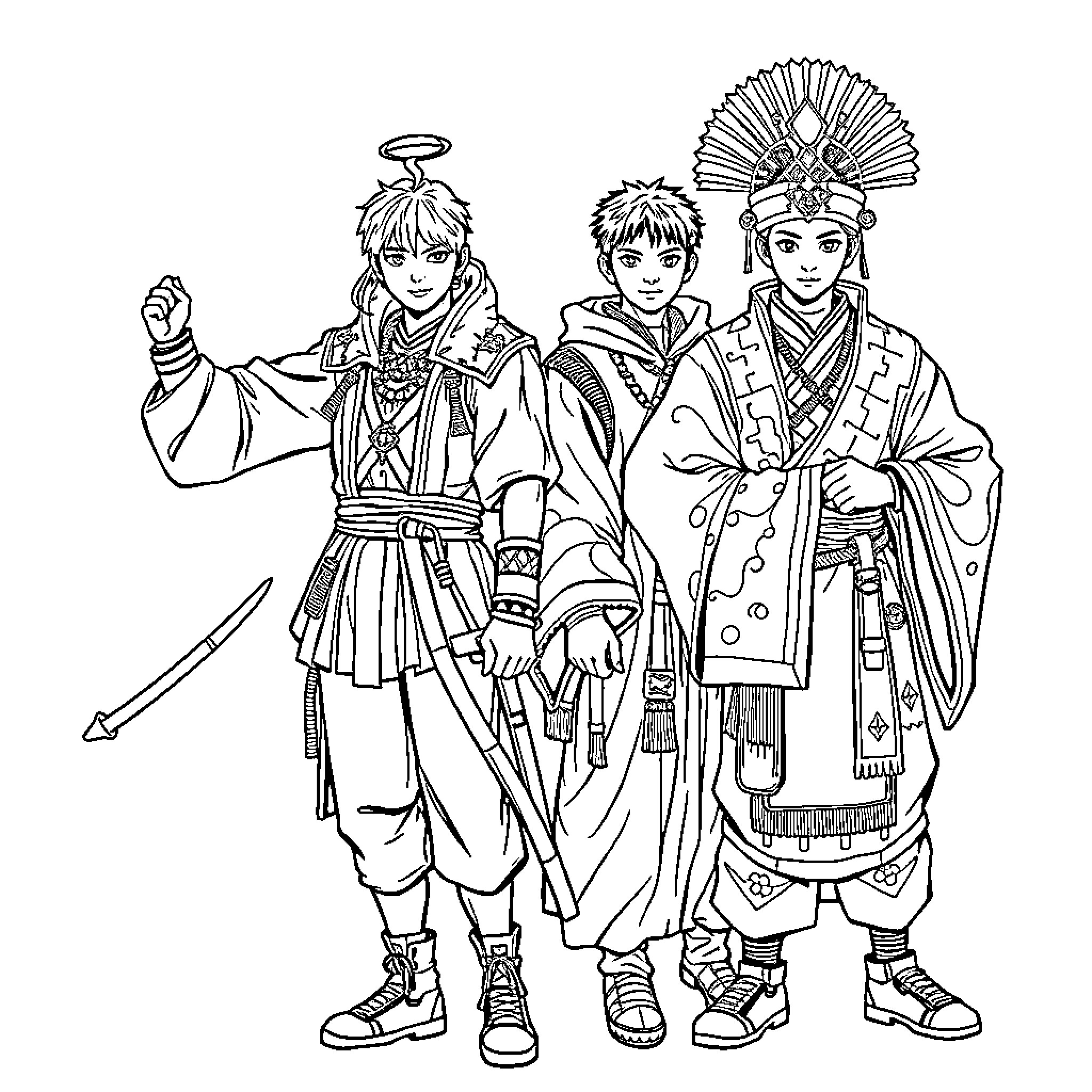 Kpop Idols in Fantastical Outfits Coloring Page (free black-and-white line drawing printable PDF for all, from beginners to advanced learners, including children, teens, adults, and seniors)