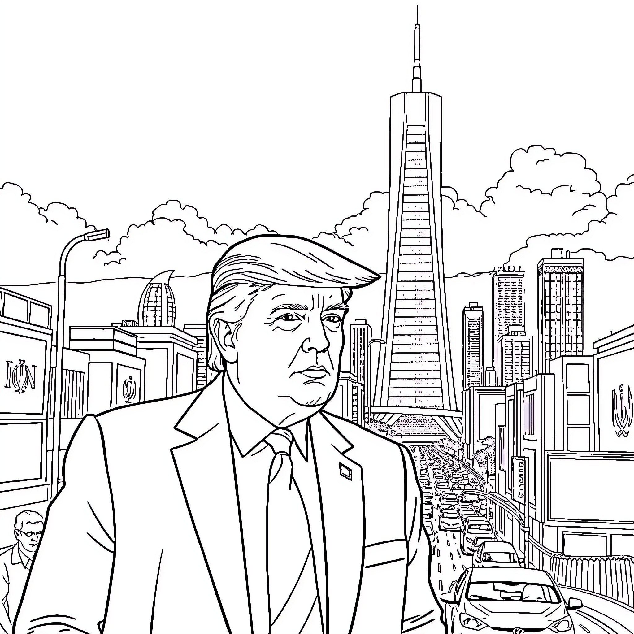 Trump in the city, with a view of the cityscape Coloring Page (free black-and-white line drawing printable PDF for all, from beginners to advanced learners, including children, teens, adults, and seniors)