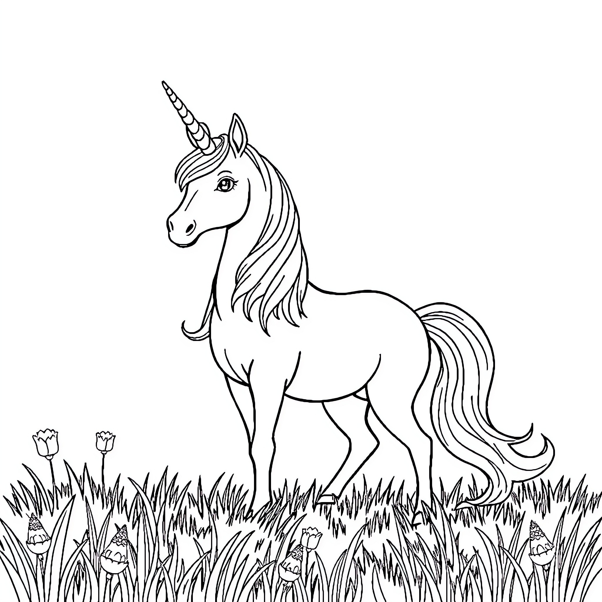 Unicorn standing gracefully in a meadow Coloring Page (free black-and-white line drawing printable PDF for all, from beginners to advanced learners, including children, teens, adults, and seniors)