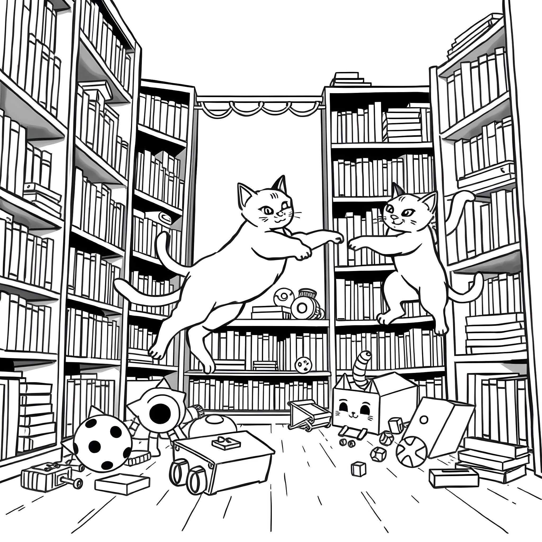 Cats exploring whimsical library scene Coloring Page (free black-and-white line drawing printable PDF for all, from beginners to advanced learners, including children, teens, adults, and seniors)
