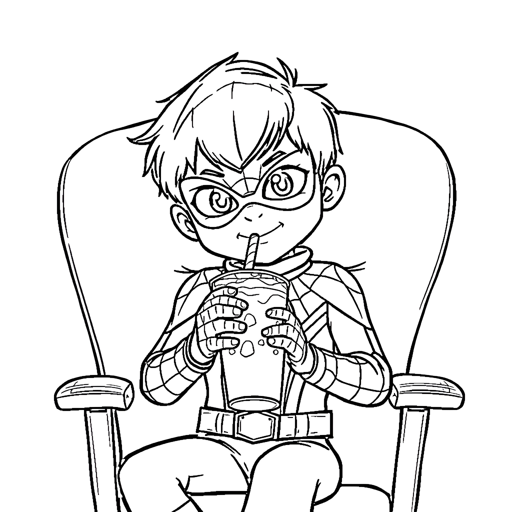Boy enjoying a tasty treat while relaxing Coloring Page (free black-and-white line drawing printable PDF for all, from beginners to advanced learners, including children, teens, adults, and seniors)