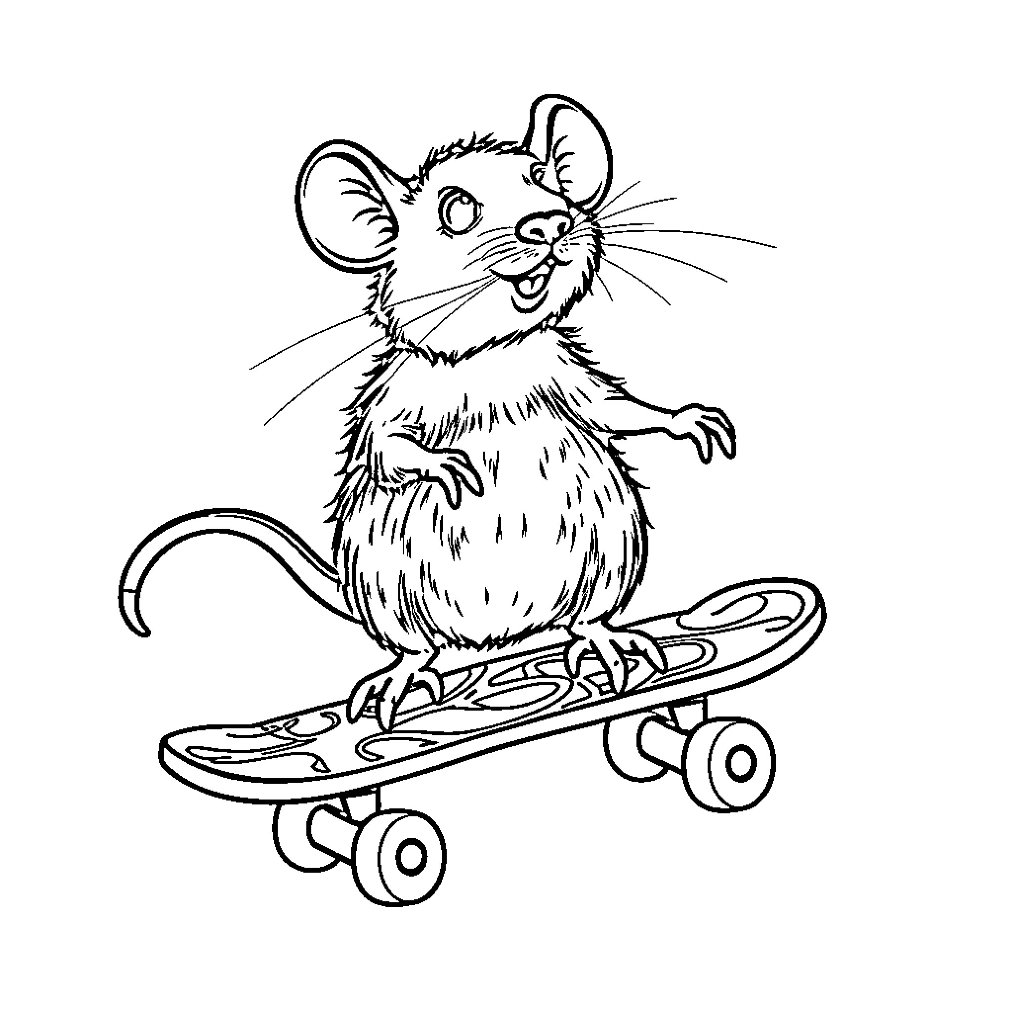 Rat riding a skateboard playfully Coloring Page (free black-and-white line drawing printable PDF for all, from beginners to advanced learners, including children, teens, adults, and seniors)