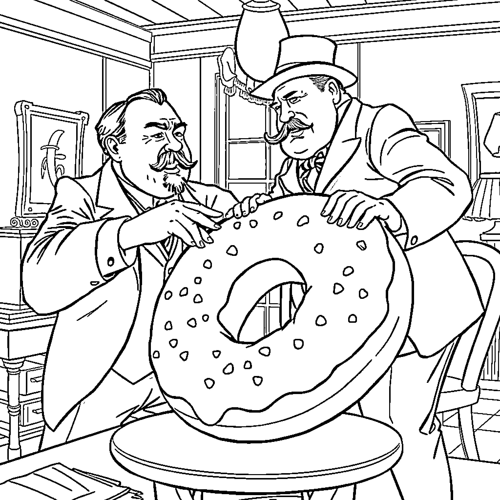Theodore Roosevelt and the Donut Debate Coloring Page (free black-and-white line drawing printable PDF for all, from beginners to advanced learners, including children, teens, adults, and seniors)