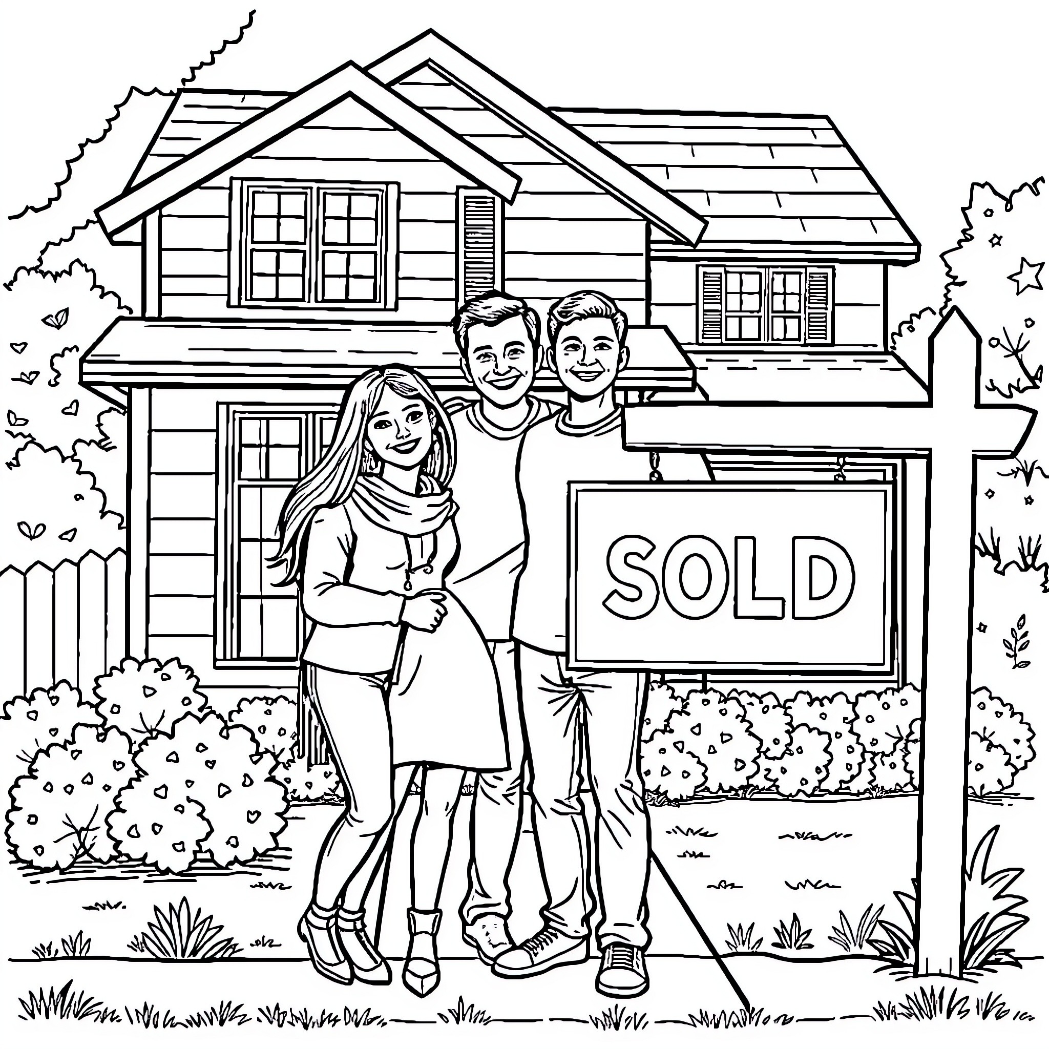 Family Celebrating Sold Home Coloring Page (free black-and-white line drawing printable PDF for all, from beginners to advanced learners, including children, teens, adults, and seniors)