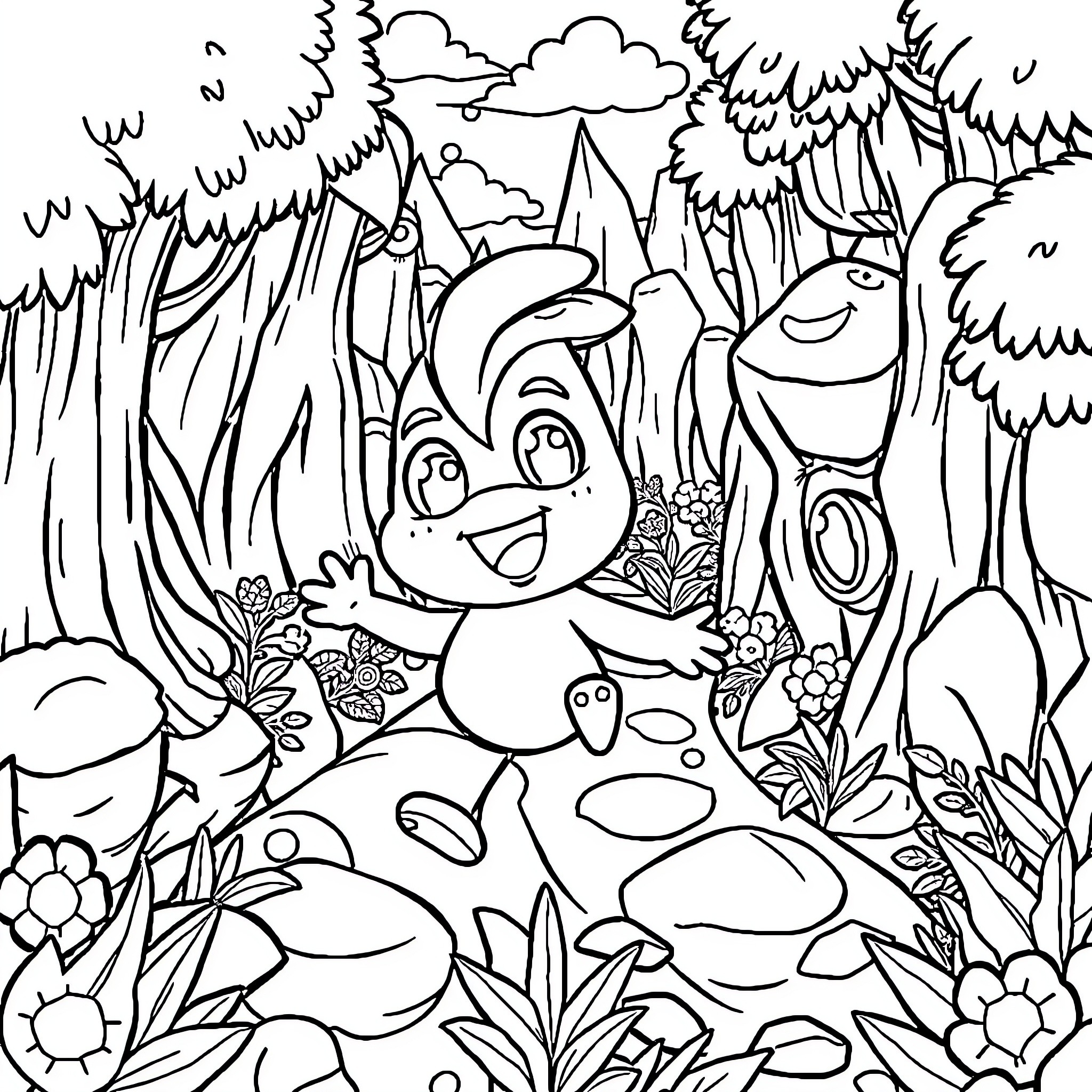 Sprunki enjoying a nature scene with plants and flowers Coloring Page (free black-and-white line drawing printable PDF for all, from beginners to advanced learners, including children, teens, adults, and seniors)