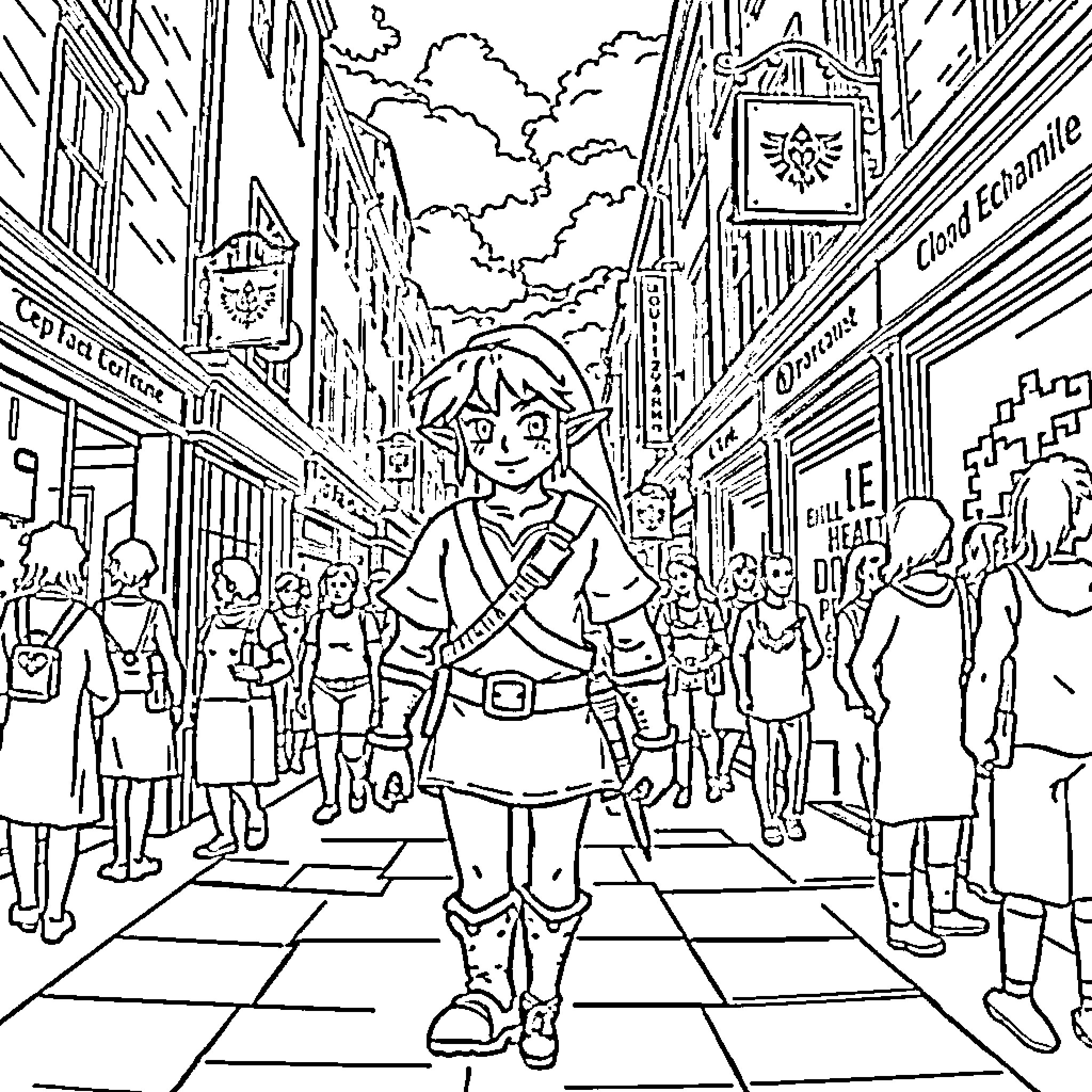 Link exploring the crowded city street Coloring Page (free black-and-white line drawing printable PDF for all, from beginners to advanced learners, including children, teens, adults, and seniors)