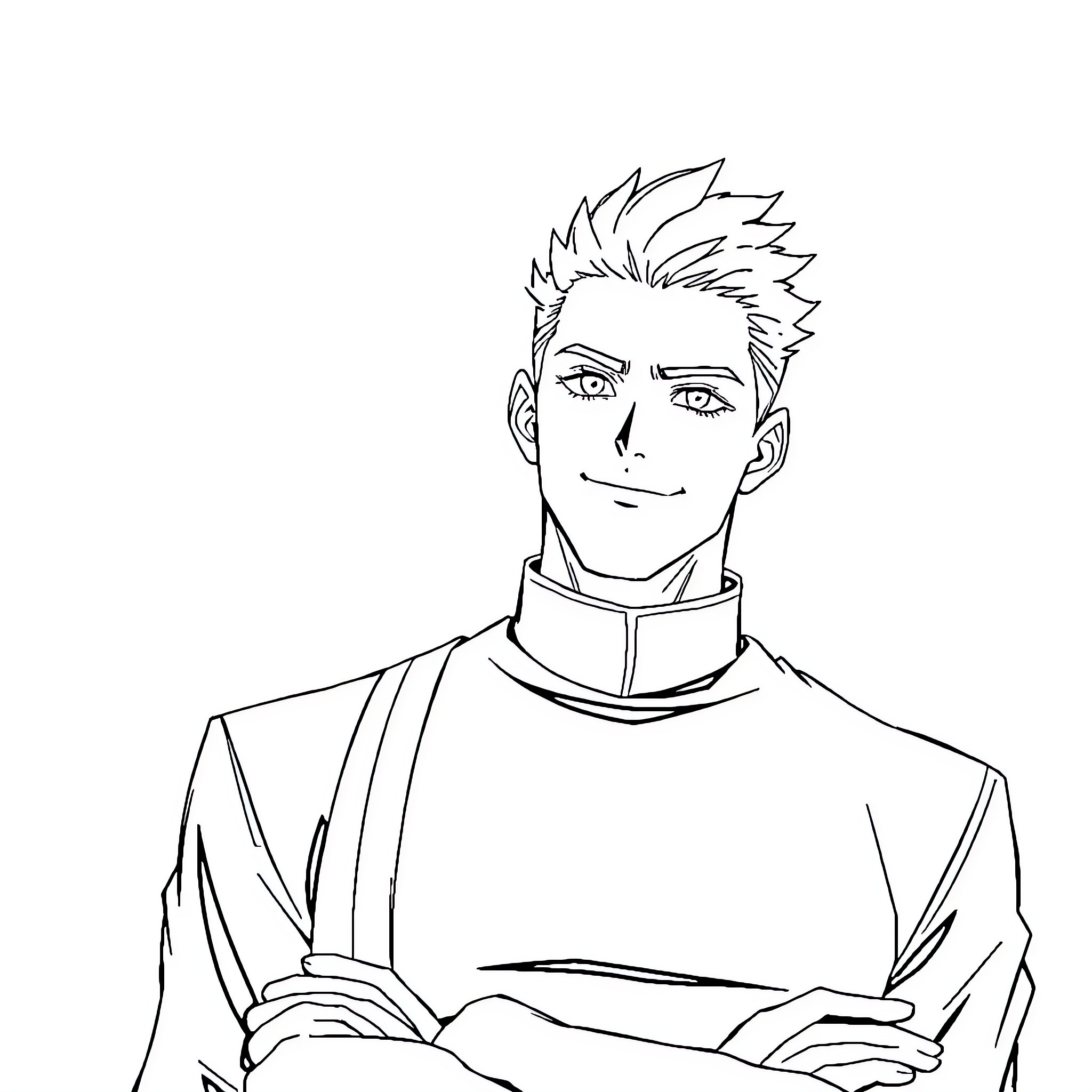 Saturo Gojo in a confident pose Coloring Page (free black-and-white line drawing printable PDF for all, from beginners to advanced learners, including children, teens, adults, and seniors)