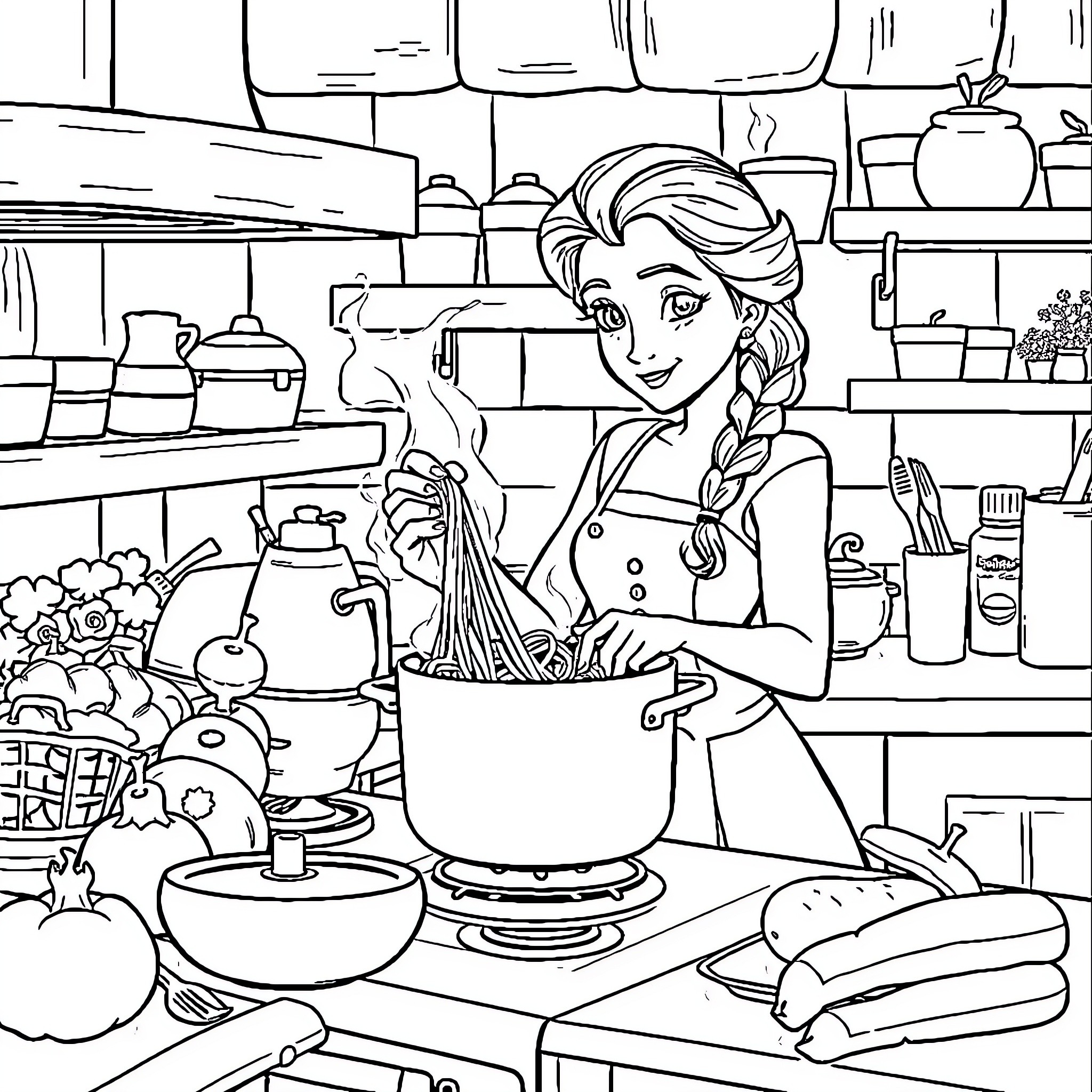 Elsa cooking delicious meals in the kitchen Coloring Page (free black-and-white line drawing printable PDF for all, from beginners to advanced learners, including children, teens, adults, and seniors)