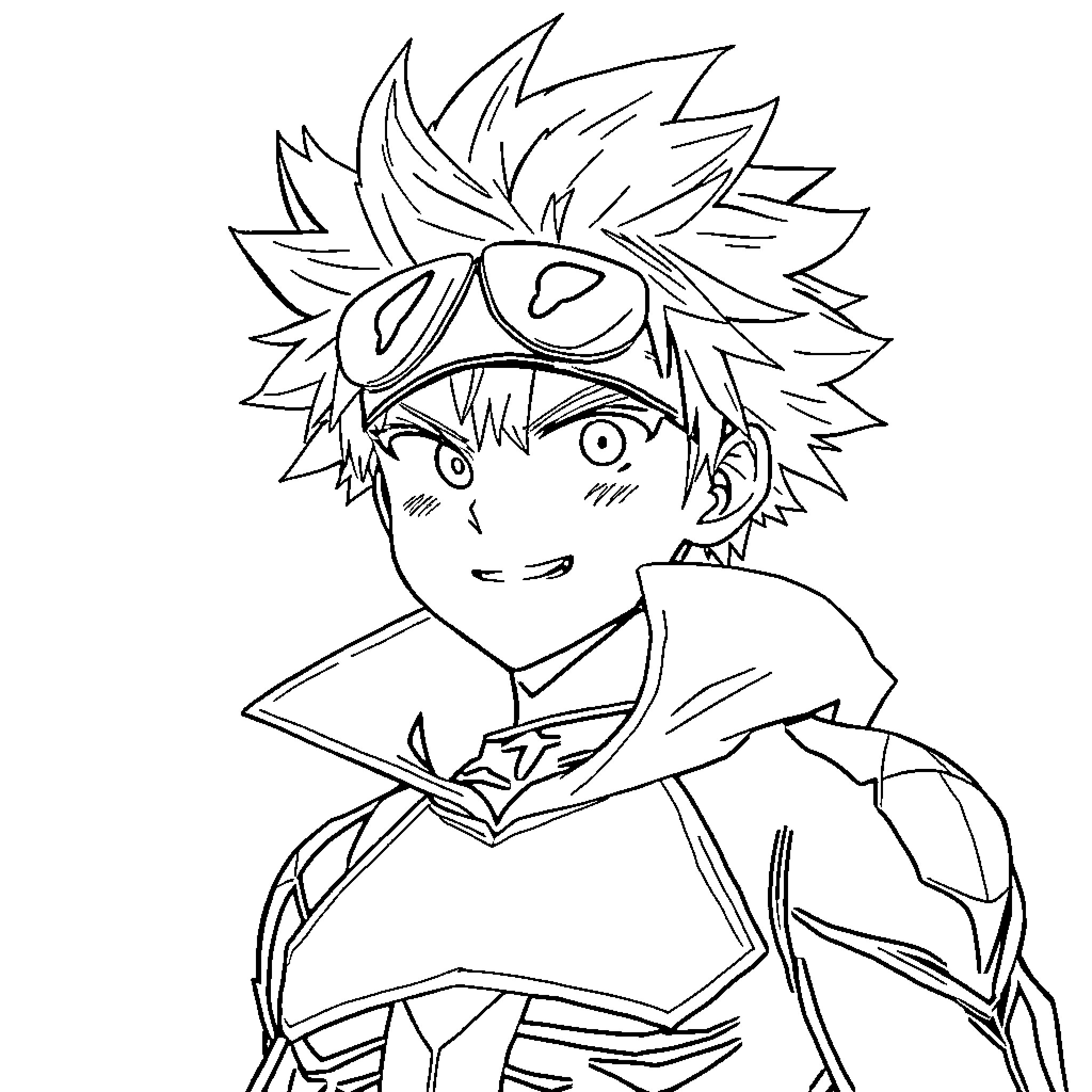 Katsuki Bakugo in action-packed hero pose Coloring Page (free black-and-white line drawing printable PDF for all, from beginners to advanced learners, including children, teens, adults, and seniors)