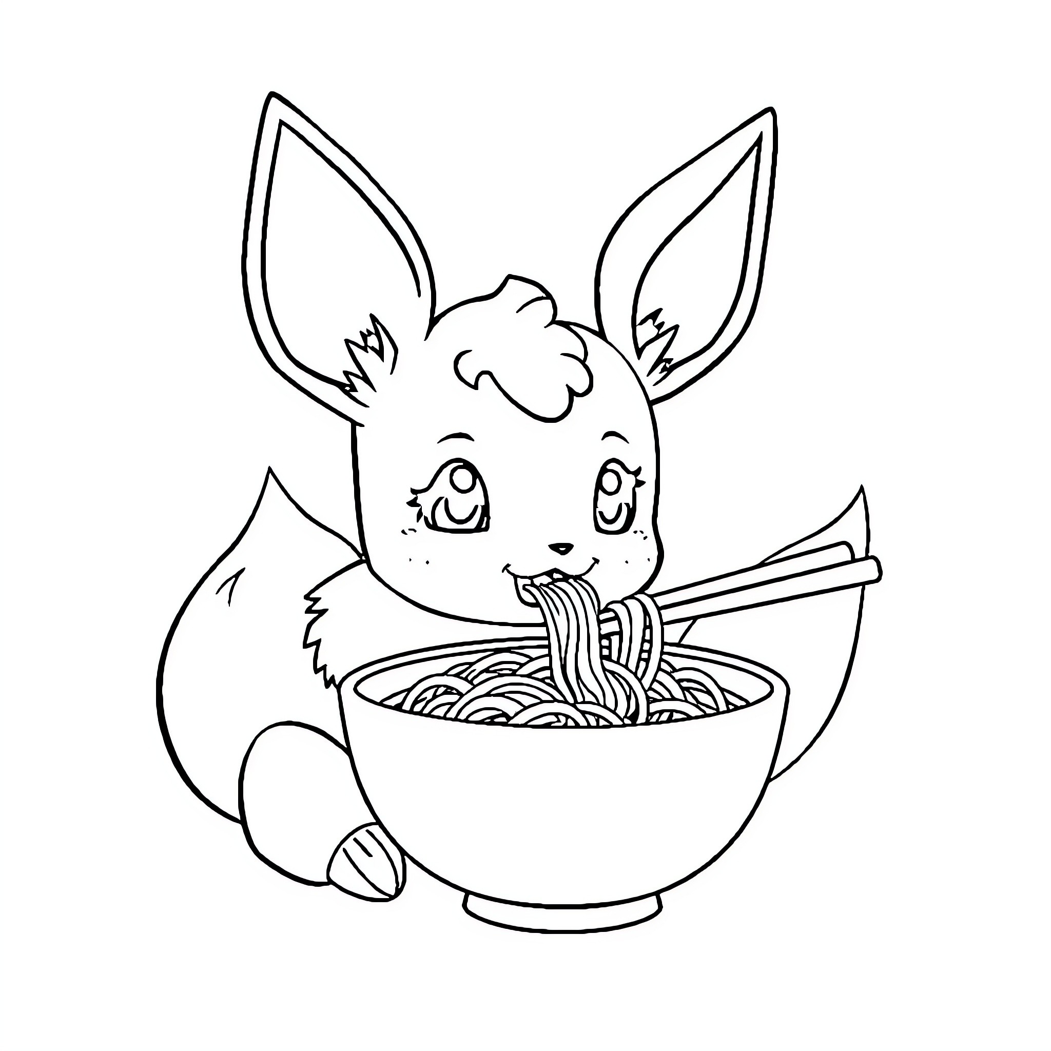 Eevee enjoying a bowl of noodles Coloring Page (free black-and-white line drawing printable PDF for all, from beginners to advanced learners, including children, teens, adults, and seniors)