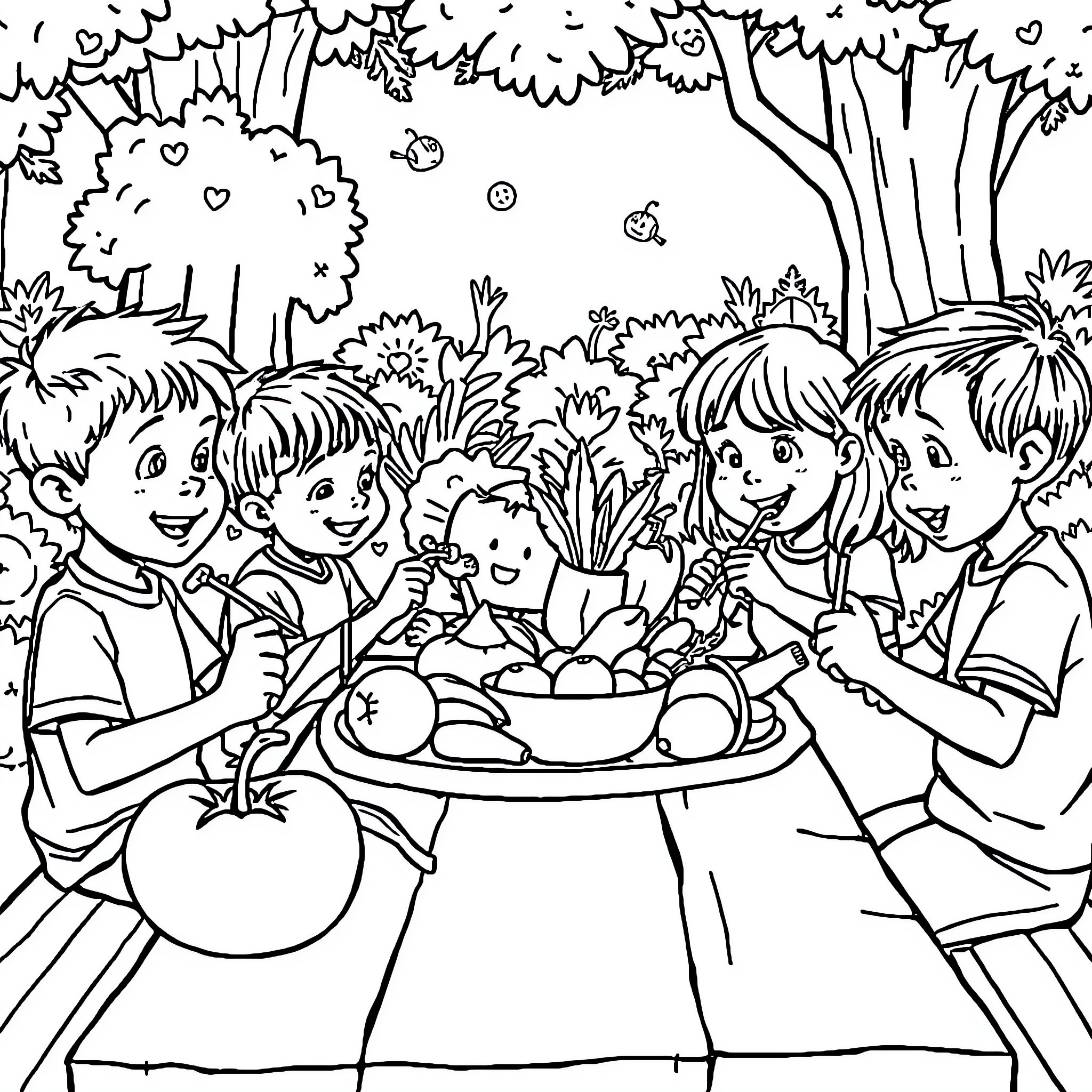Kids enjoying a picnic in the park Coloring Page (free black-and-white line drawing printable PDF for all, from beginners to advanced learners, including children, teens, adults, and seniors)