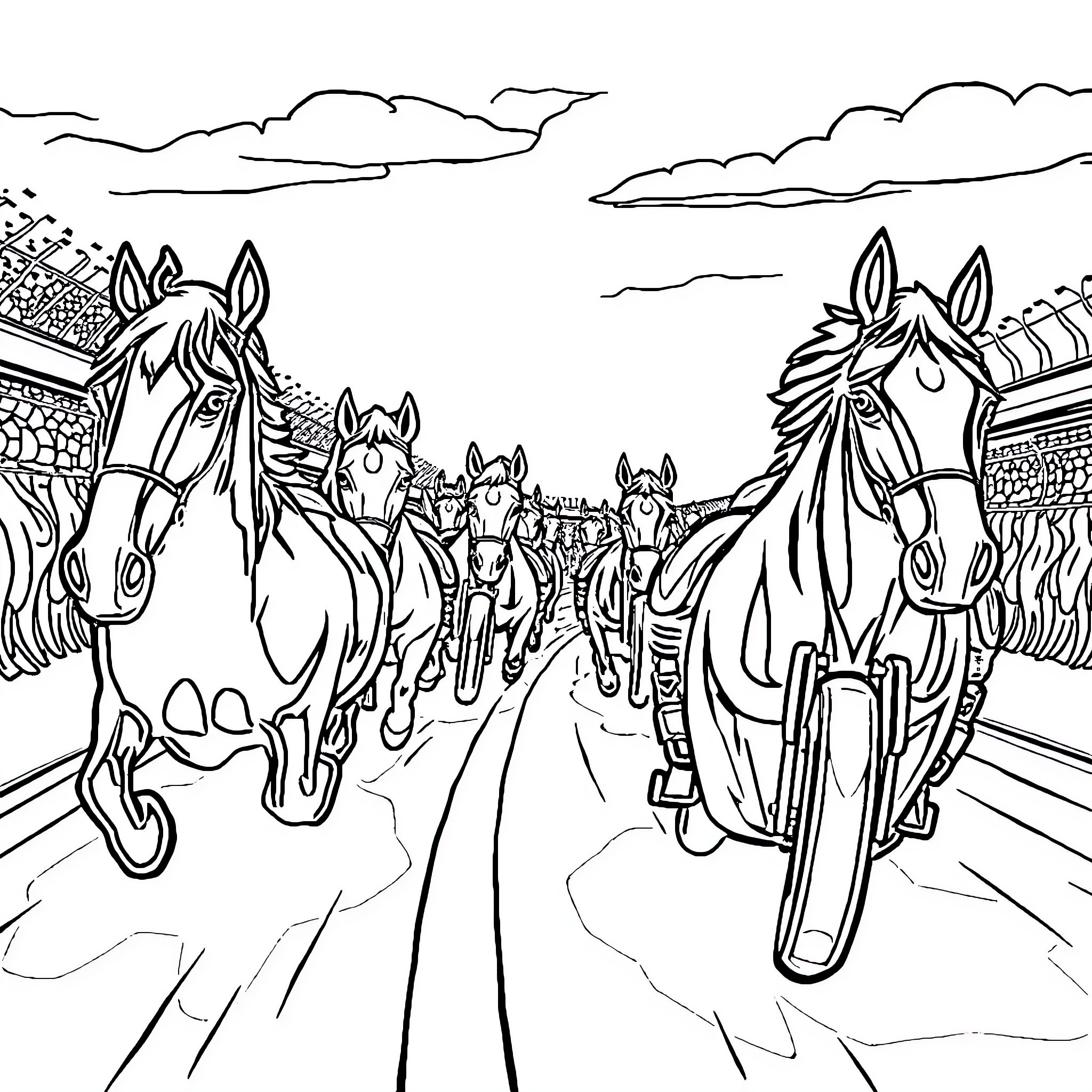 Sports Car Racing Horses on Countryside Road Coloring Page (free black-and-white line drawing printable PDF for all, from beginners to advanced learners, including children, teens, adults, and seniors)