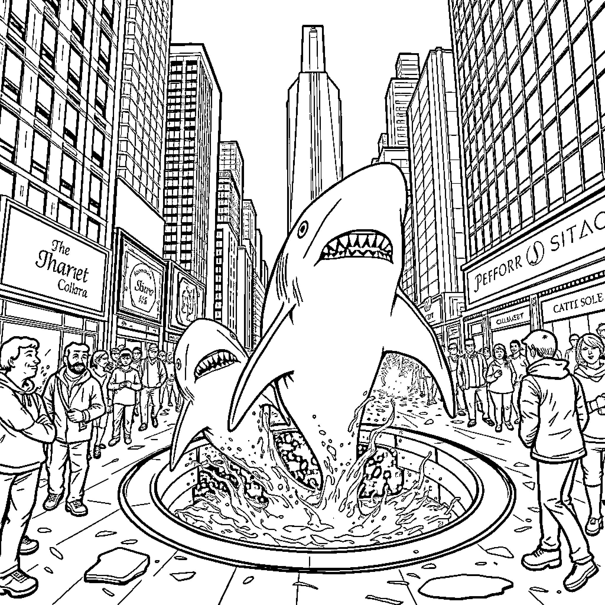 Shark attack in the city Coloring Page (free black-and-white line drawing printable PDF for all, from beginners to advanced learners, including children, teens, adults, and seniors)