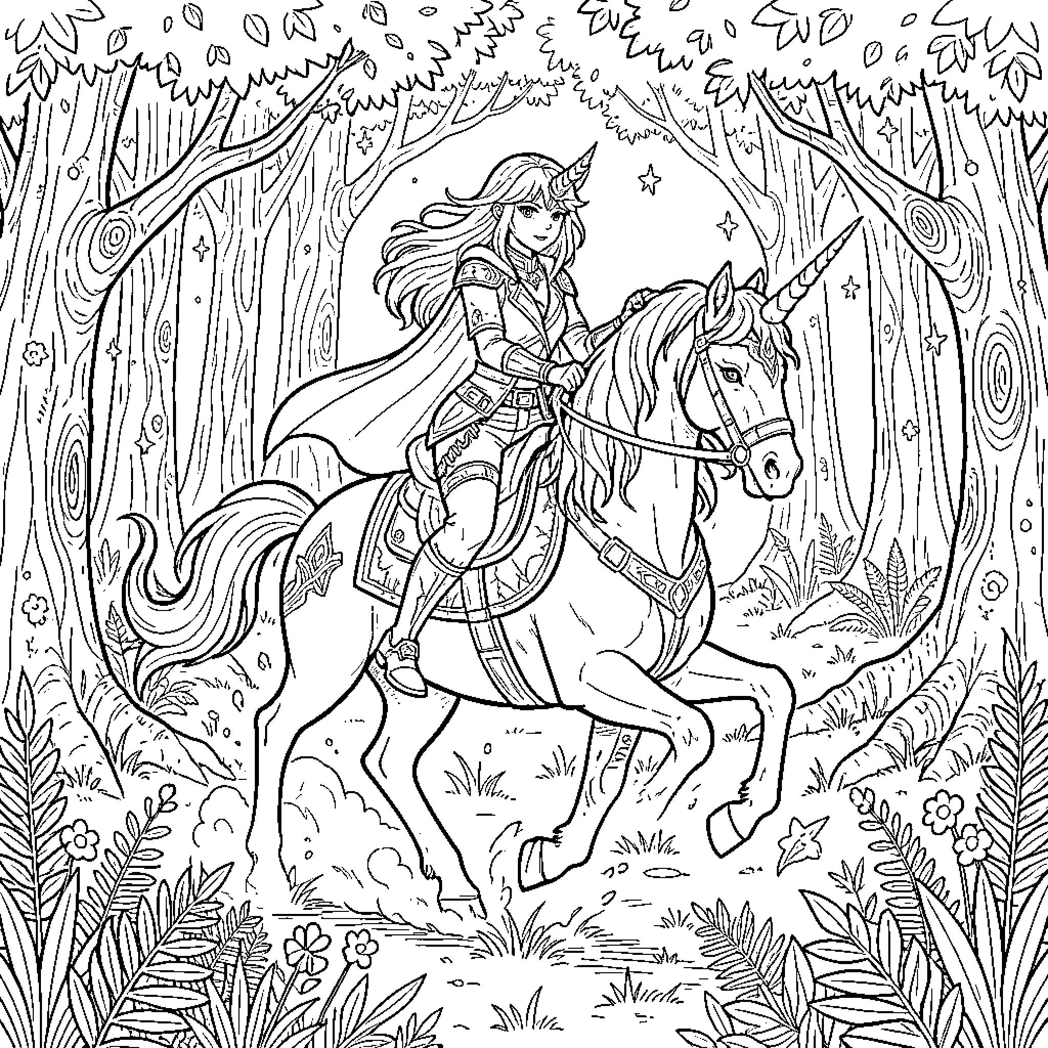 Mira riding a unicorn through a magical forest Coloring Page (free black-and-white line drawing printable PDF for all, from beginners to advanced learners, including children, teens, adults, and seniors)