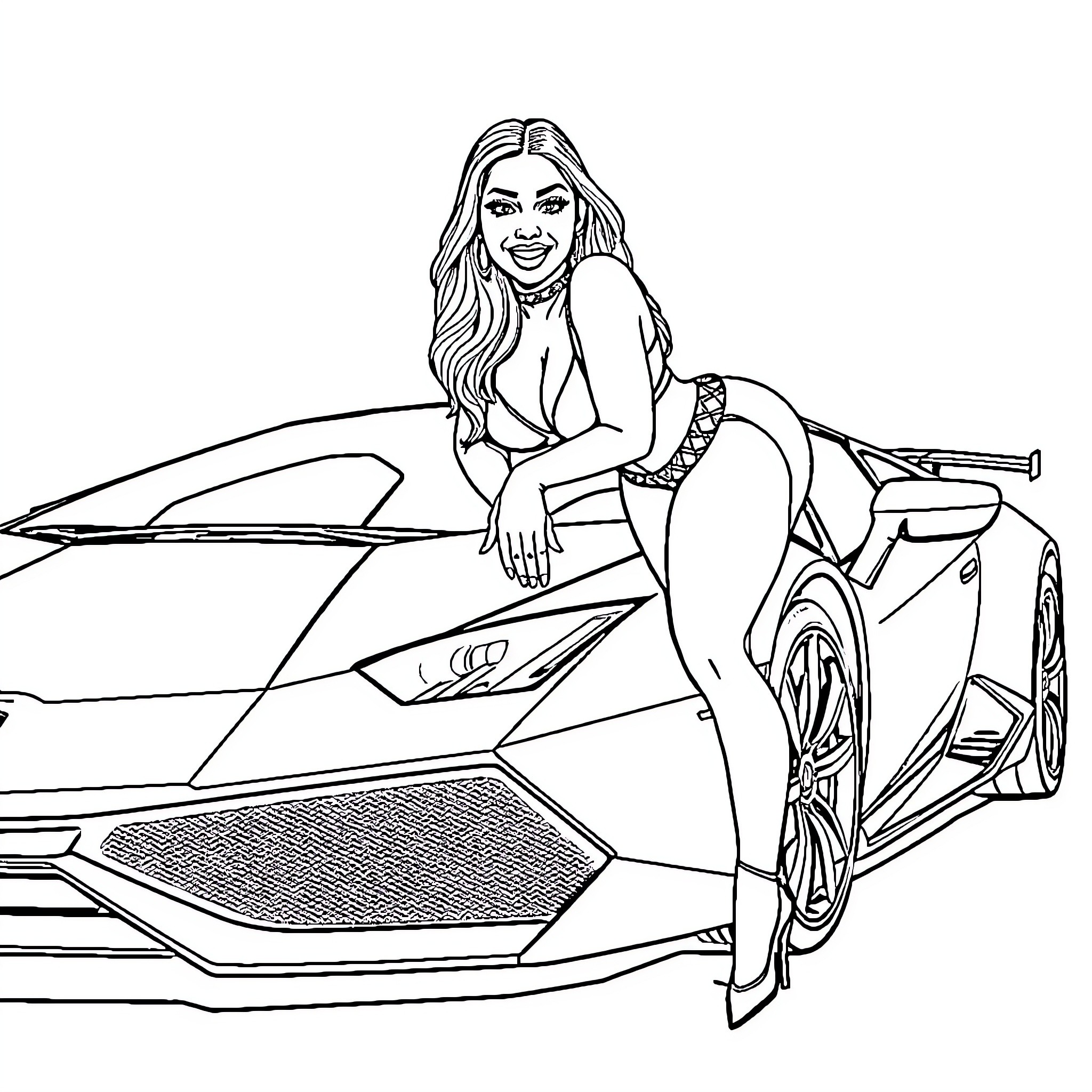 Nicki Minaj posing with a luxurious sports car Coloring Page (free black-and-white line drawing printable PDF for all, from beginners to advanced learners, including children, teens, adults, and seniors)